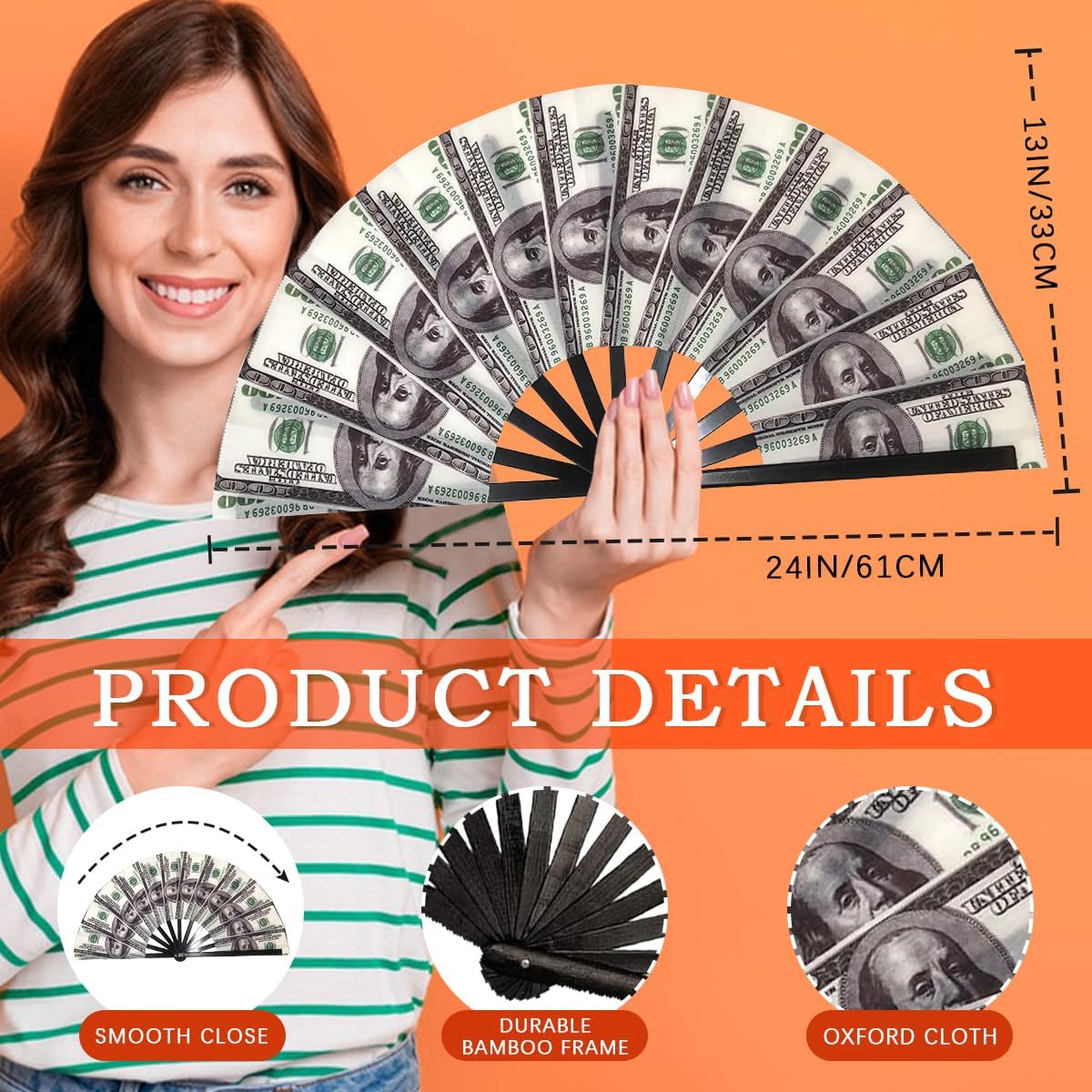 Folding Fan UV Glow Rave Bamboo Summer Hand Fan Dollar Decoration Dancing Party Wedding Night Club Concert Festival Large (Multicoloured-13, M)