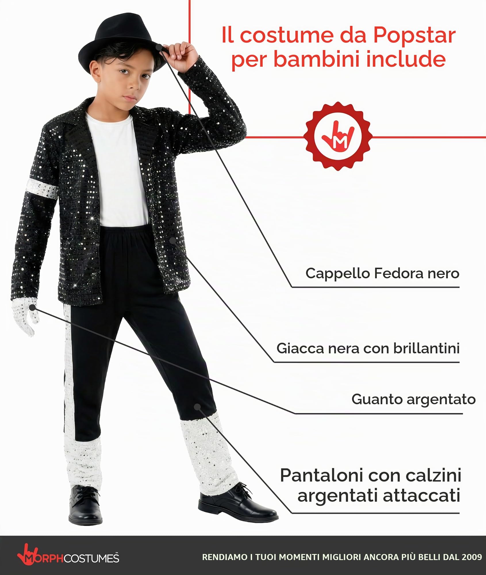 Morph Costume Star del Pop Bambino, Costume Halloween Bambino | Giacca di Paillettes, Pantaloni, Cappello Fedora & Guanto Argentato, Perfetto per Halloween, Ideale per il Gioco di Ruolo