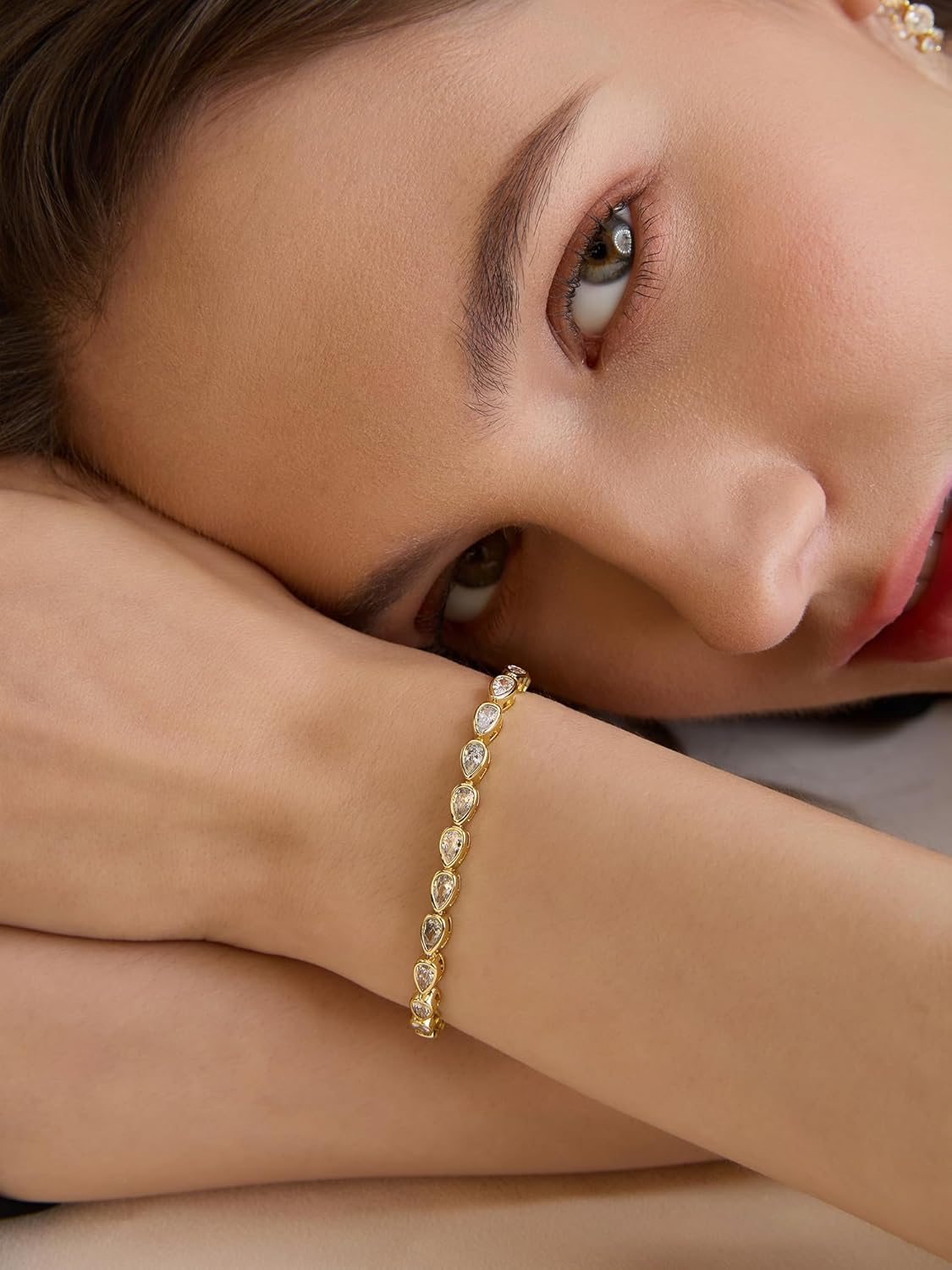 14K Gold Tennis Bracelets for Women - Bezel CZ Bracelet For Women - Simulated Diamonds Princess, Round,Marquise, Pear, Emerald Cut Stones, Valentines Day Wedding Jewelry for Brides