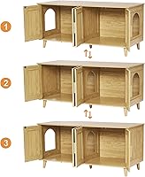 Vista 8 de Homhedy Caja de arena bohemia para gatos para 2 gatos, muebles de madera para baño de gatos con puertas decoradas de ratán doble, casa de mascotas