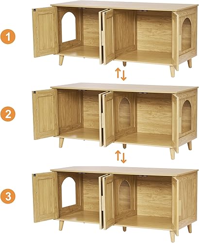 Miniatura 8 de Homhedy Caja de arena bohemia para gatos para 2 gatos, muebles de madera para baño de gatos con puertas decoradas de ratán doble, casa de mascotas,