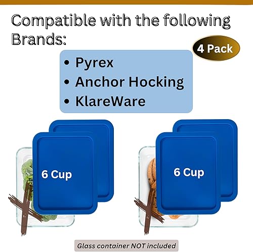 Miniatura 5 de Tapas de repuesto azules para 6 tazas Pyrex 7211 y Klare Ware rectangulares (recipientes de vidrio no incluidos) aptos para microondas, congelador y