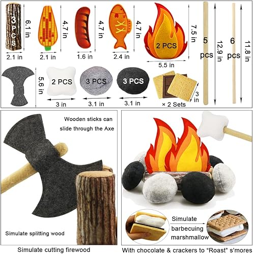 Miniatura 3 de 45 piezas de juguete de fogata para niños, juguetes de campamento para niños pequeños, juego de fogata de fieltro con frutas cortadas de simulación,