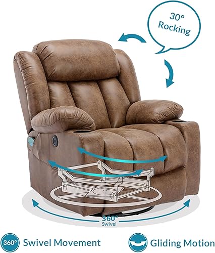 Miniatura 4 de OUINCH Silla reclinable manual giratoria de 360 grados con masaje y calor, puertos USB, bolsillos laterales y portavasos (marrón)