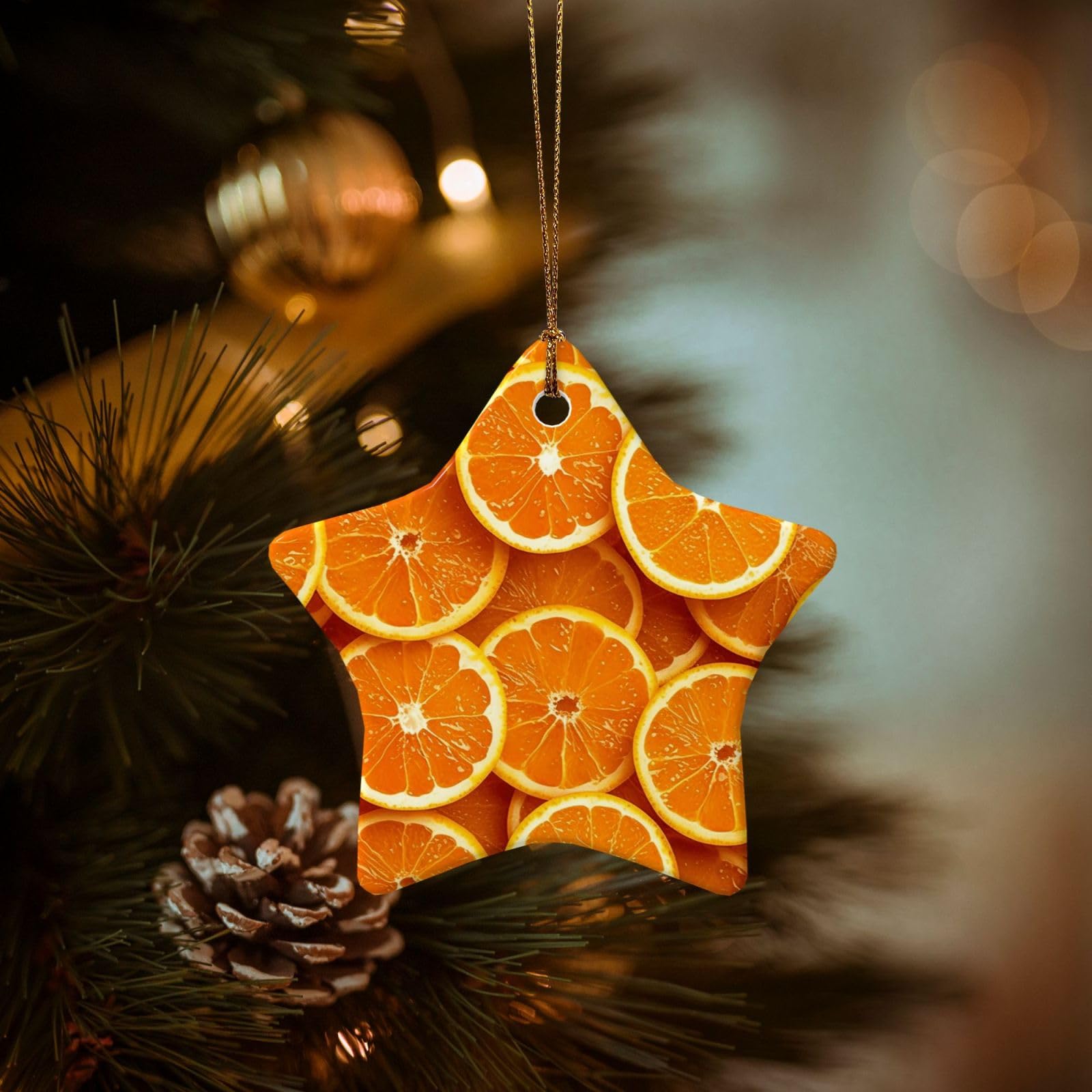 Christmas Tree Ornaments Ceramics Christmas Decorations Orange Slices Ornaments with Gold Ribbon Porcelain Xmas Tree Crafts Star Shape Hanging Pendant for Christmas Tree Party Decor