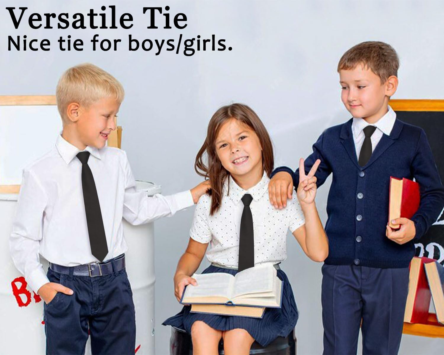 LJBFNN Boys Black Tie, Kids Ties for Boys 6-12 Years Zipper Solid Color Pre-tied Adjustable Necktie for Wedding Graduation