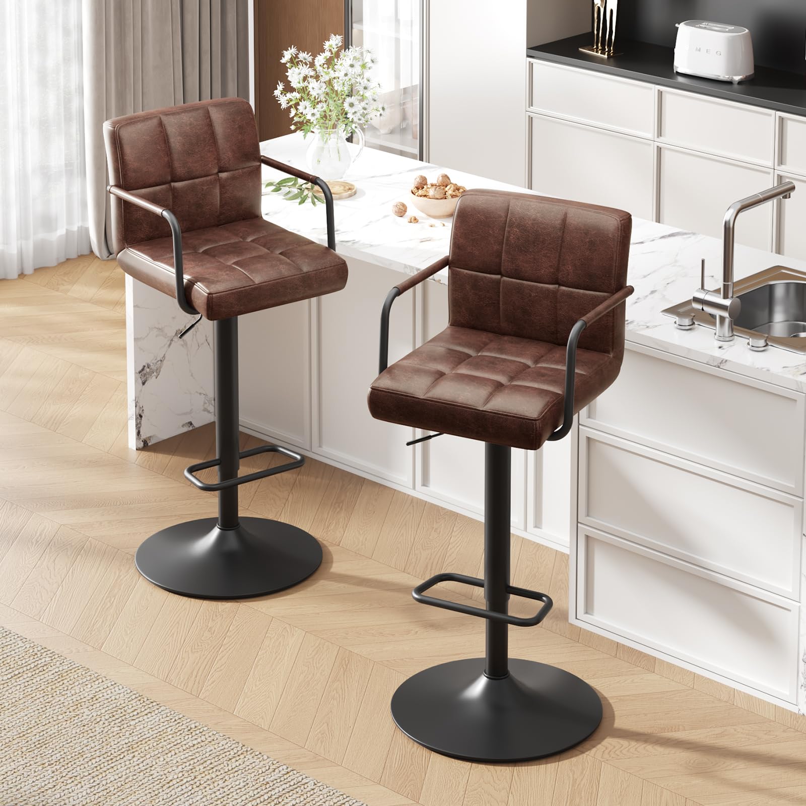 Set di 2 Sgabelli da Bar, Sgabelli Cucina Girevole 360°Altezza Regolabile da Penisola, Sgabelli Alto in Similpelle con Schienale, Bracciolo, Poggiapiedi per Bar Cucina Ristorante, Marrone scuro