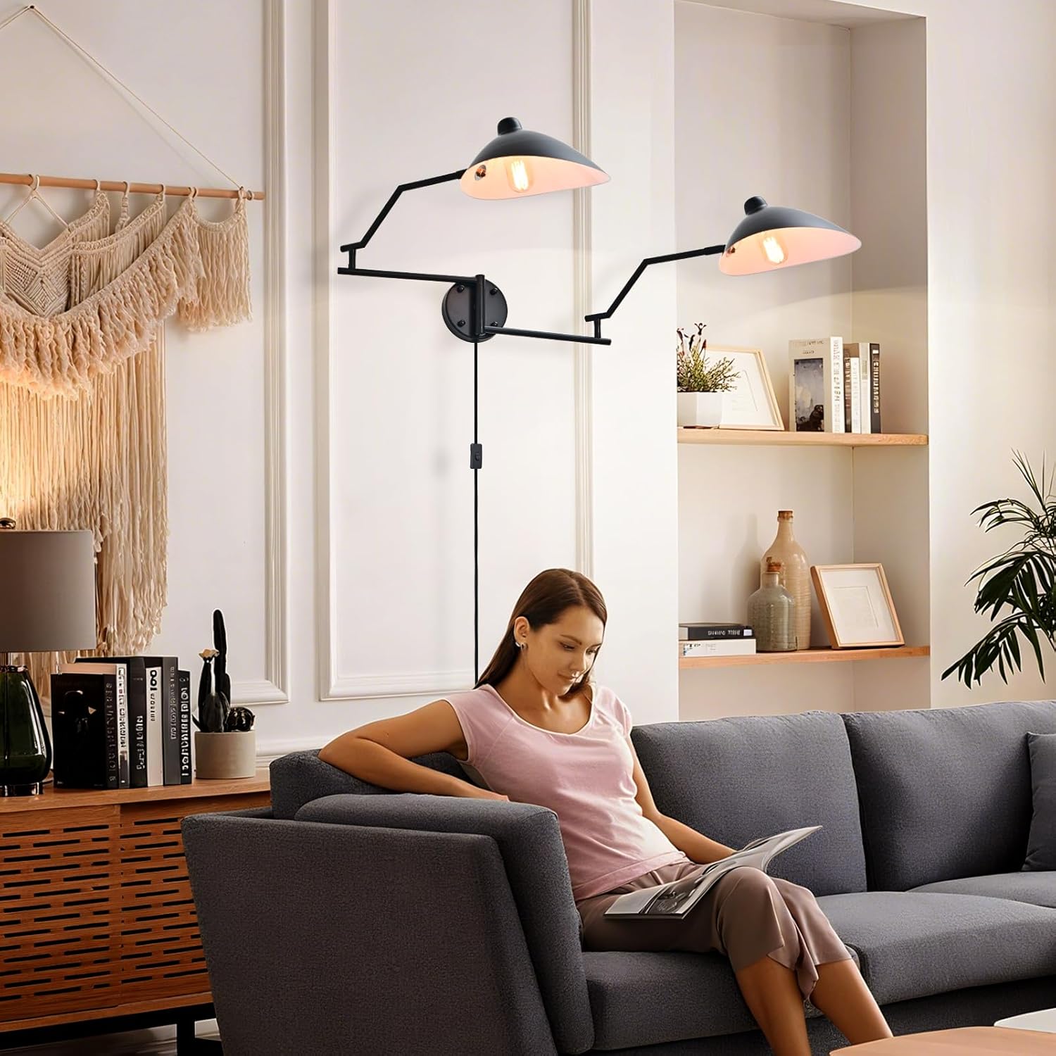 adjustable swing arm wall sconce 2-light black wall lamp modern mounted light with plug in cord 180° rotatable wall lighting fixture for bedroom living room