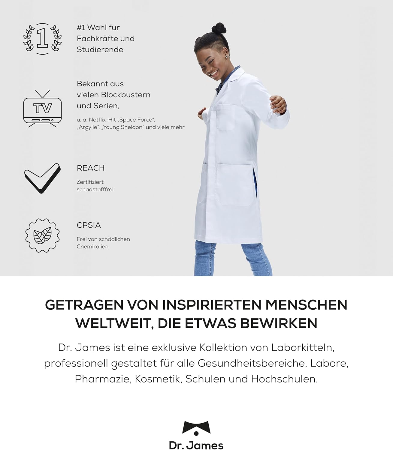 Dr. James Premium Lab Coat for Women, Hip Pockets, Tailored Fit, Concealed Snap Closing, 33" Length - Image 5