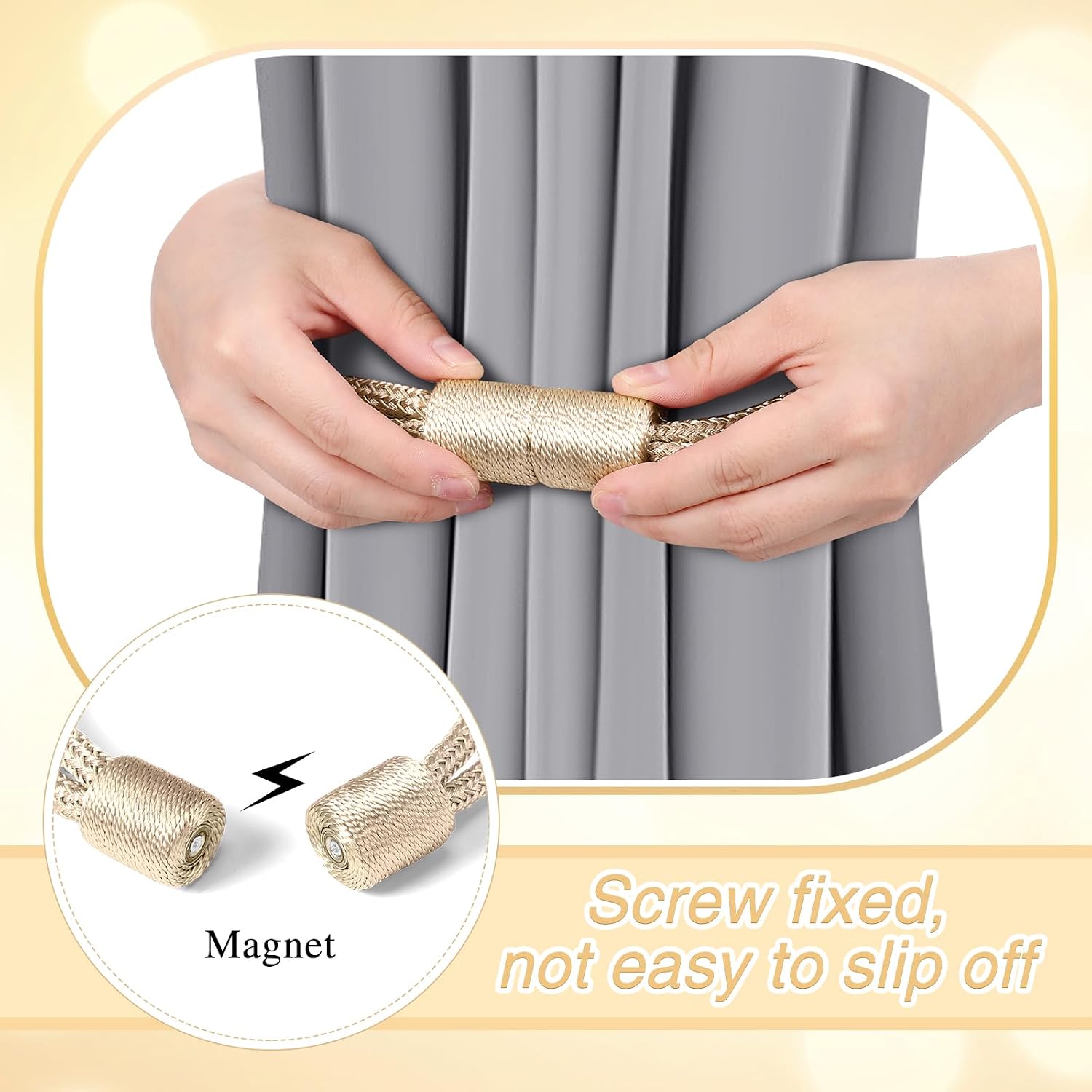 Queekay 6 Pcs Magnetic Curtain Tiebacks 2 Style, Elegant Decorative Tie Backs Terse Style Drape Tie Backs Hand Weave Rope Knot Curtain Holdbacks for Home Outdoor (Platinum)