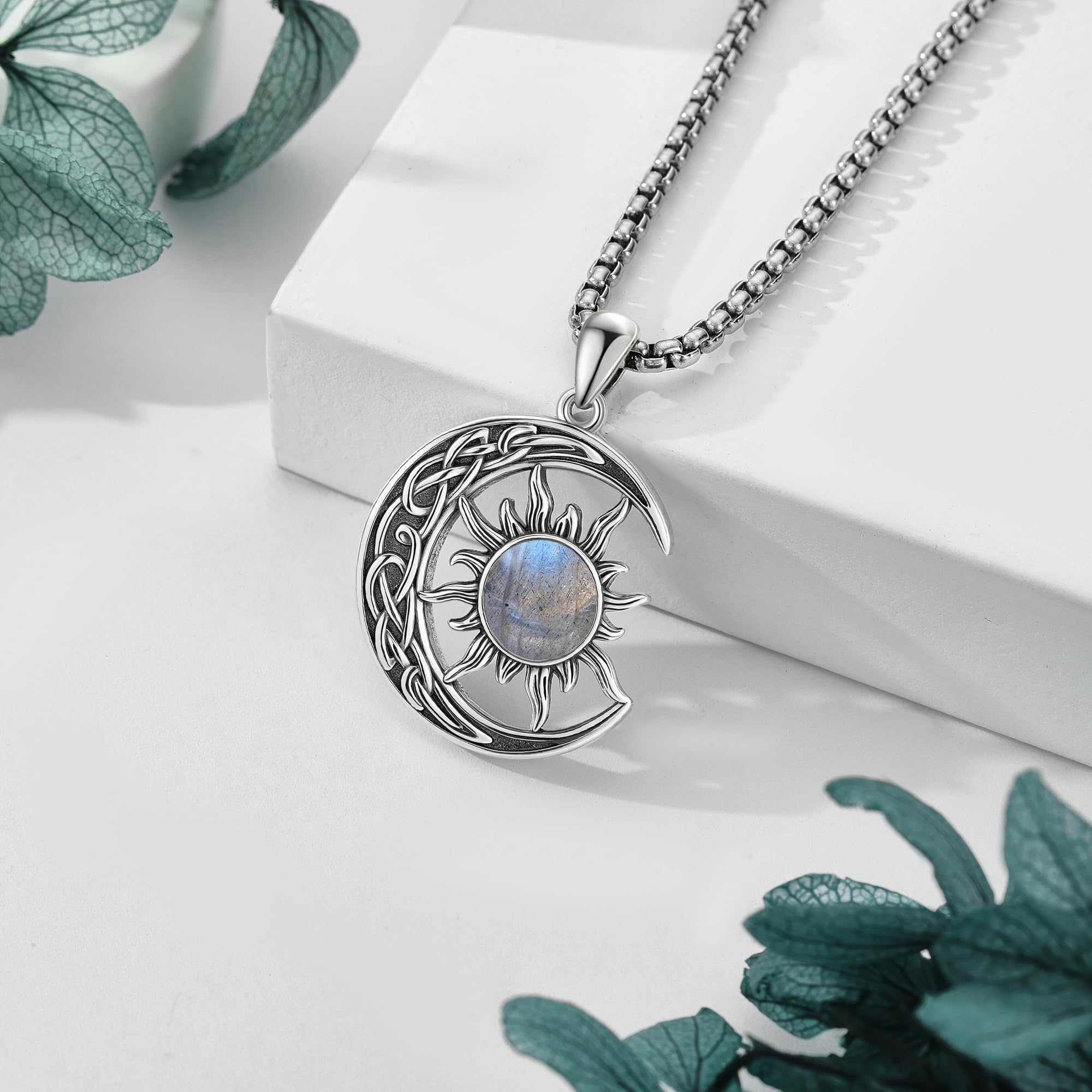 Sonne und Mond Halskette 925 Sterling Silber Labradorit Keltischer Planet Anhänger Halskette Schmuck für Damen