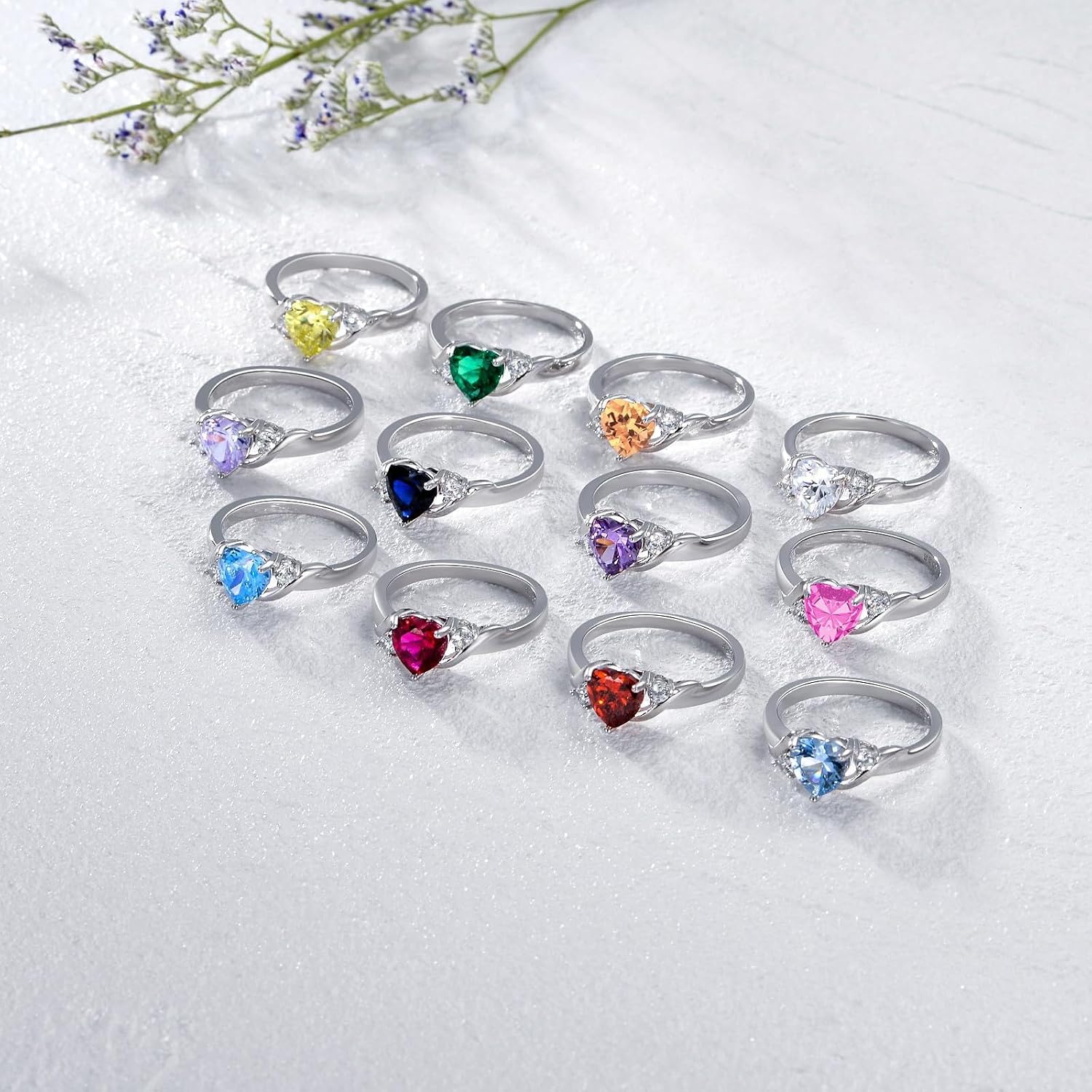Heart Crystal Rings 925 Sterling Silver Minimalist Solitaire 12 Month Birthstone Rings Personalized Engraved Name Ring Birthday Promise Jewelry Gift for Women (with Gift Box)