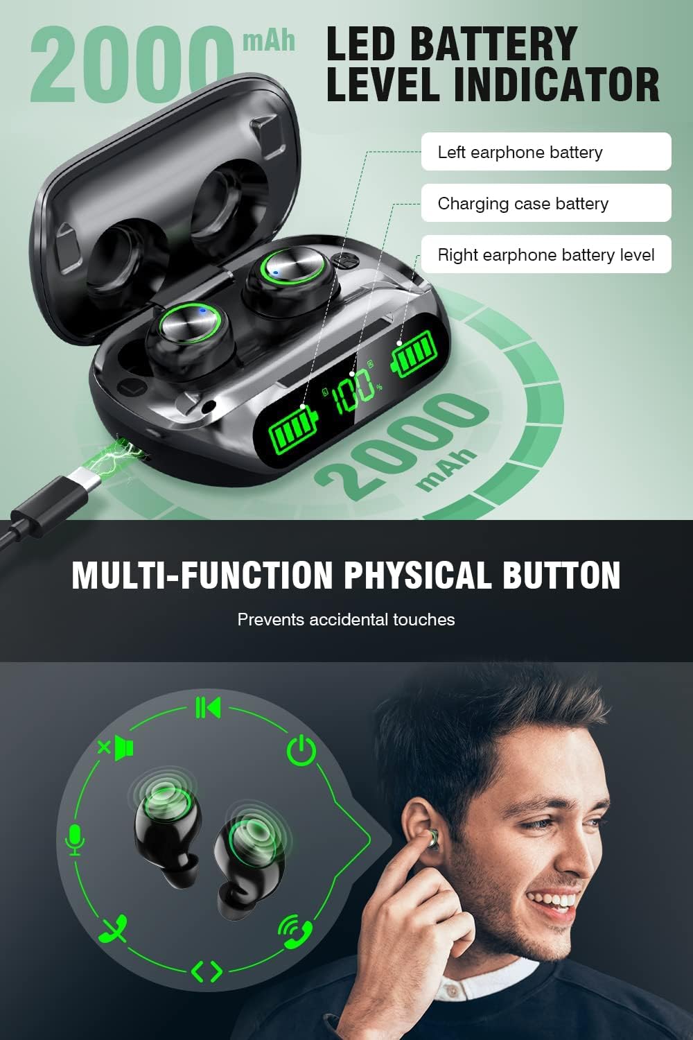 Bluetooth Earbuds Wireless 200Hrs Playback, IPX7 Waterproof, Noise Canceling LED Power Display Earphones with Charging Case, In-Ear, Headphones with Mic for Phone Smart TV Laptop Computer Android iOS