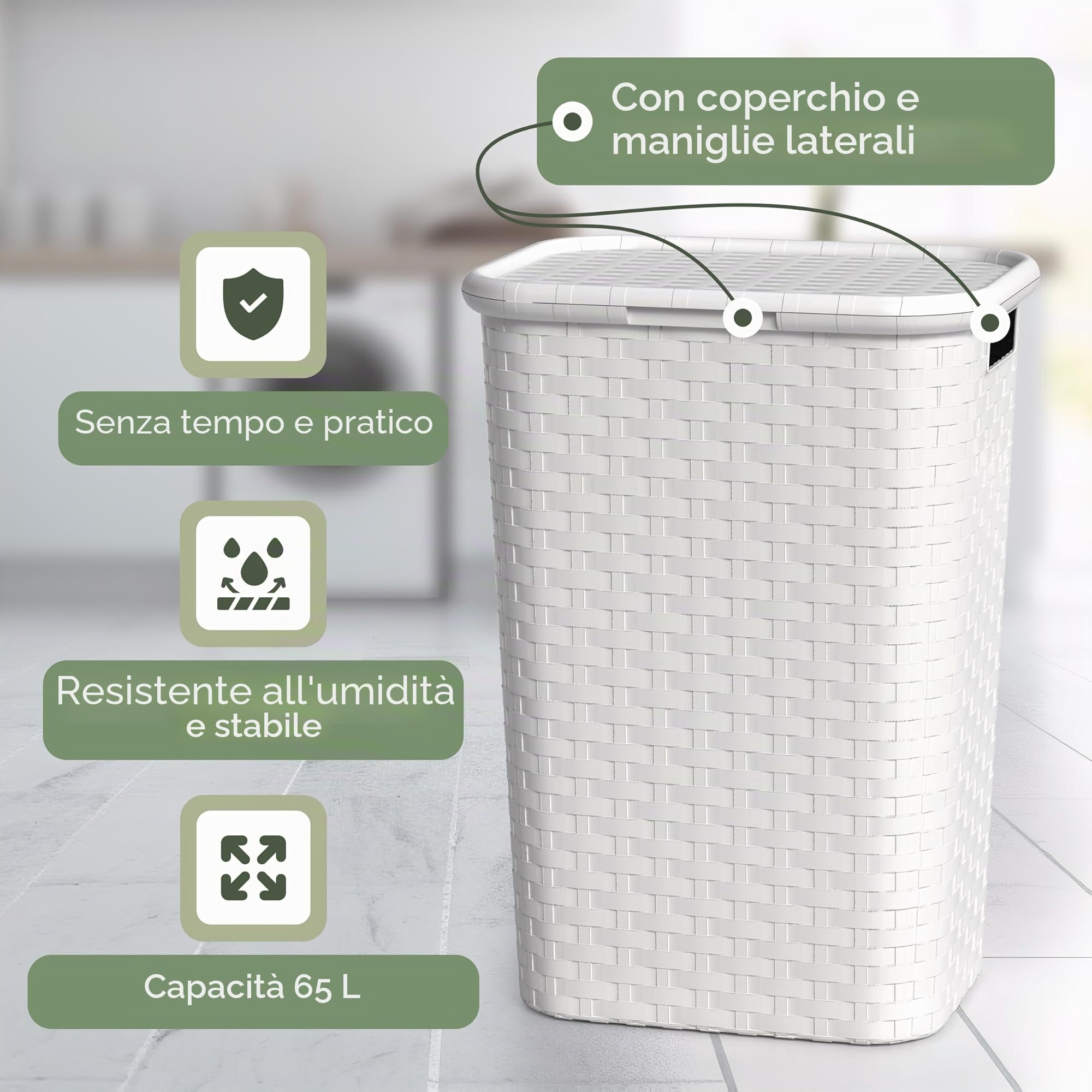 Spetebo - Cesto per la biancheria, effetto vimini, cesto per la lavanderia, 65 l, colore bianco