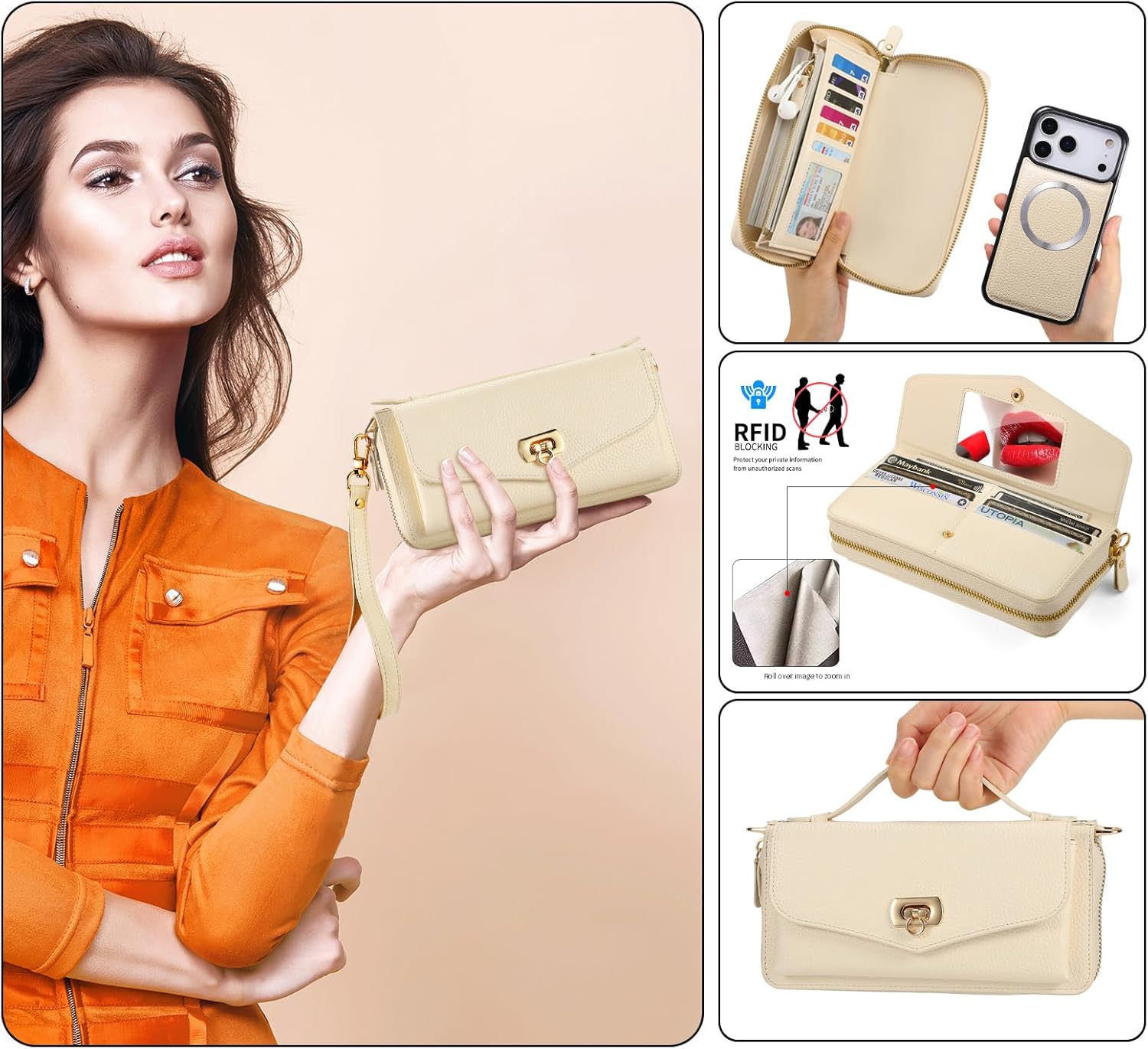 Crossbody Wallet Case for iPhone 17 Pro 6.3", Magnetic Detachable PU Leather Case with RFID Blocking Card Holder, Wristlet & Shoulder Strap, Flip Zipper Clutch Purse for Women - White - Image 2