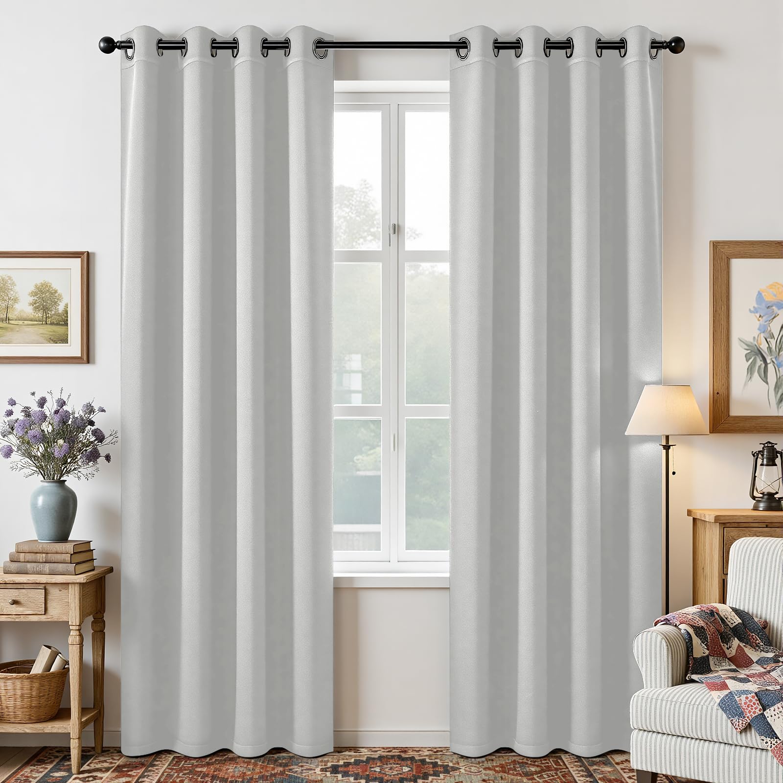 Joydeco White Curtains 108 Inches Long 2 Panels Set, Thermal Insulated Long Curtains& Drapes 2 Burg, Room Darkening Grommet Drapes for Living Room Bedroom Window (W52 x L108 Inch, Greyish White)