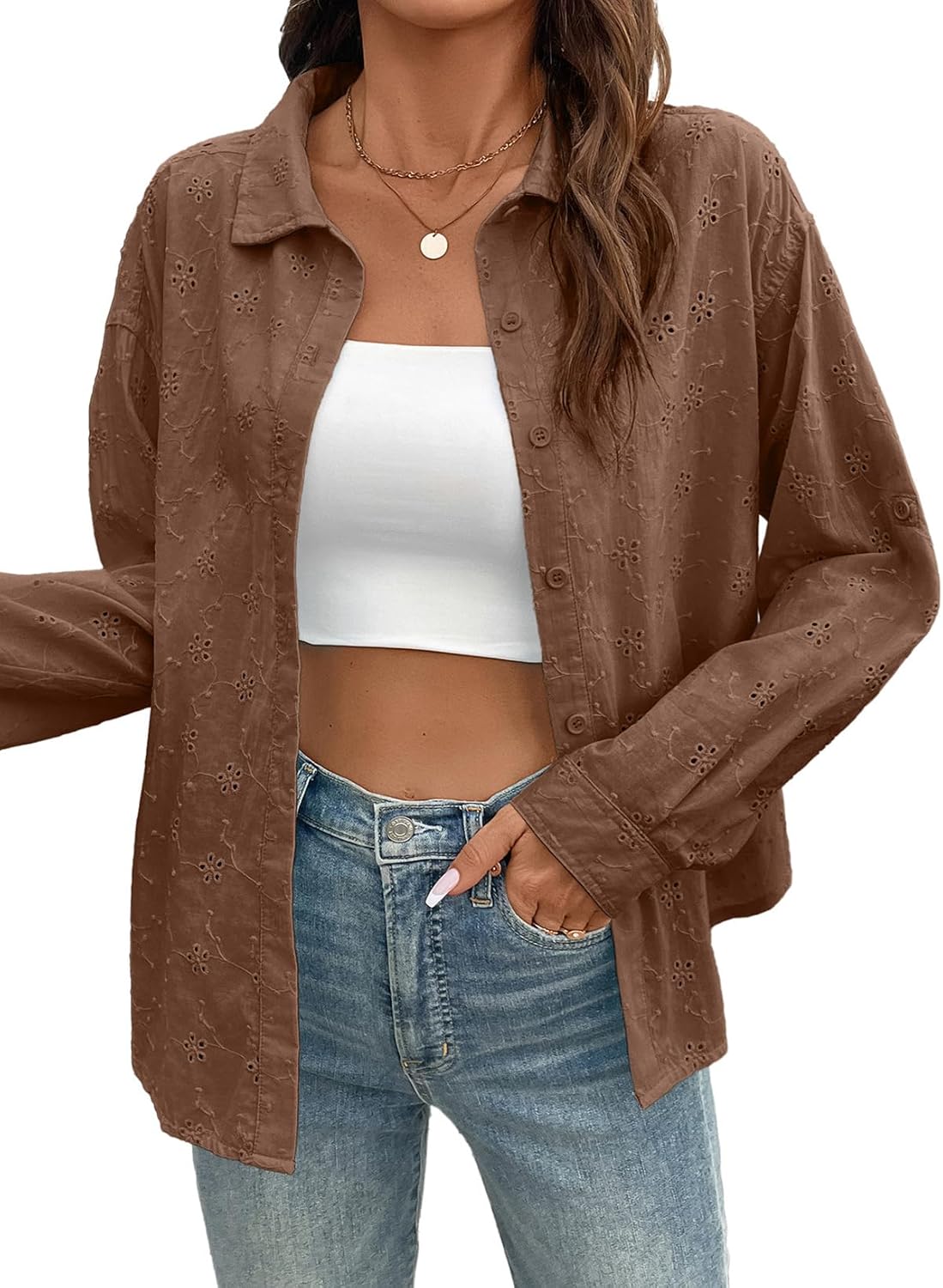 Dokotoo Womens Summer Tops Casual Button Down Long Sleeve Shirts for Women Loose Soft Cotton Hollow Out Blouses