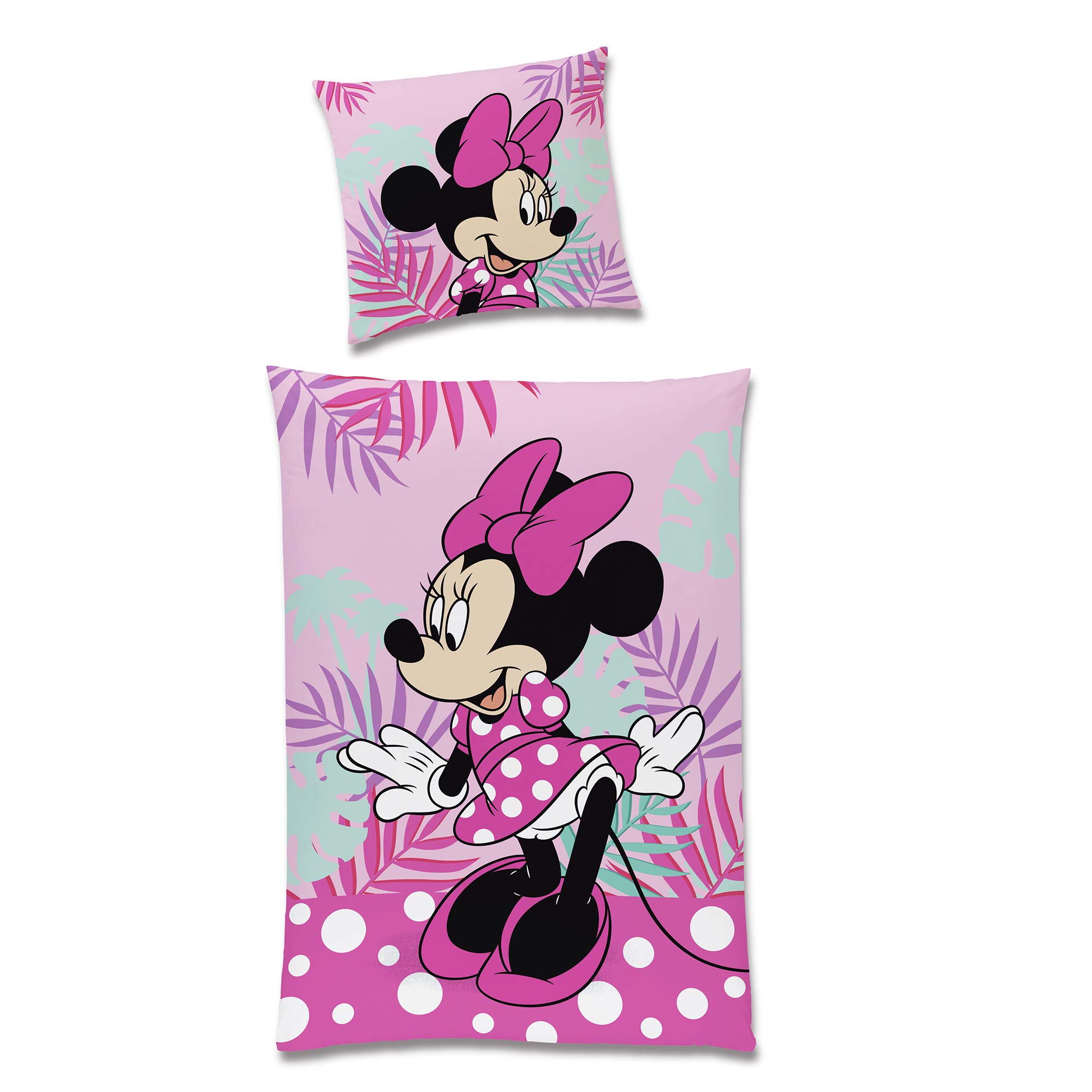 Minnie Mouse Bettwäsche-Set Wendemotiv Herz Pink 135 x 200 cm + 80 x 80 cm - 100% Baumwolle in Linon-Qualität mit YKK-Reißverschluss Renforcé Minnie Maus Disney Mickey Sweet Love Deutsche Größe