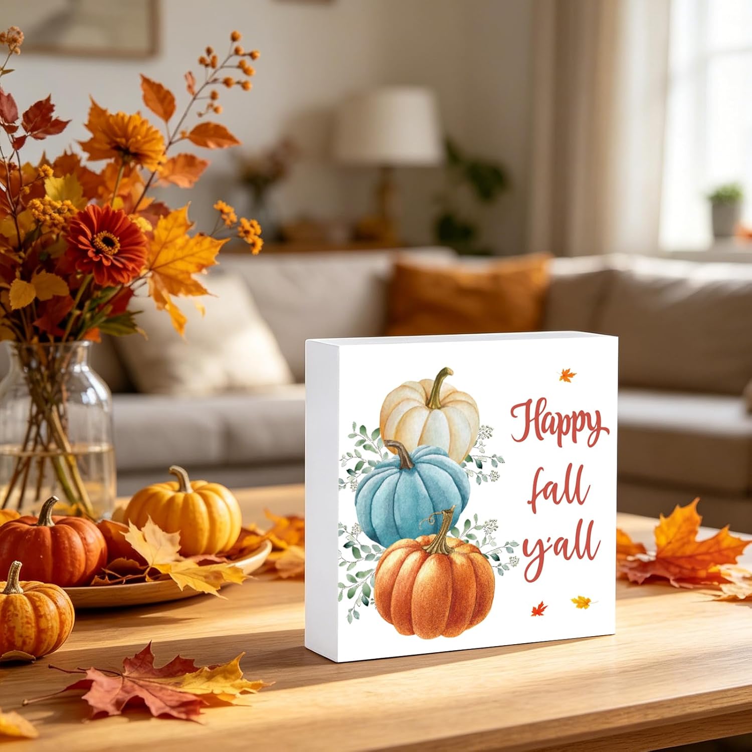 YUNKKIN Fall Decorations for Home Fall Decor Bathroom Home Room Pumpkins Wood Box Table Sign Rustic Wooden Shelf Desk Office Decor Season Sign House Warming Gifts 5.9 x 5.9 Inch