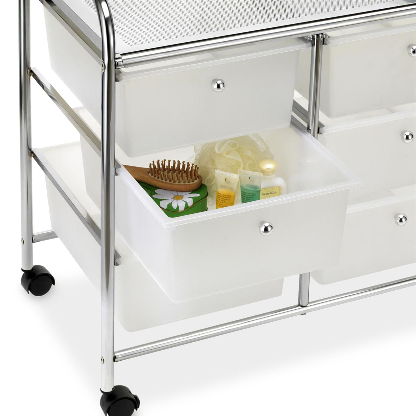 IDIMEX Caisson sur roulettes GINA Chariot avec 6 tiroirs en Plastique Blanc Transparent et 1 étagère, Meuble de Rangement pour Salle de Bain en métal chromé