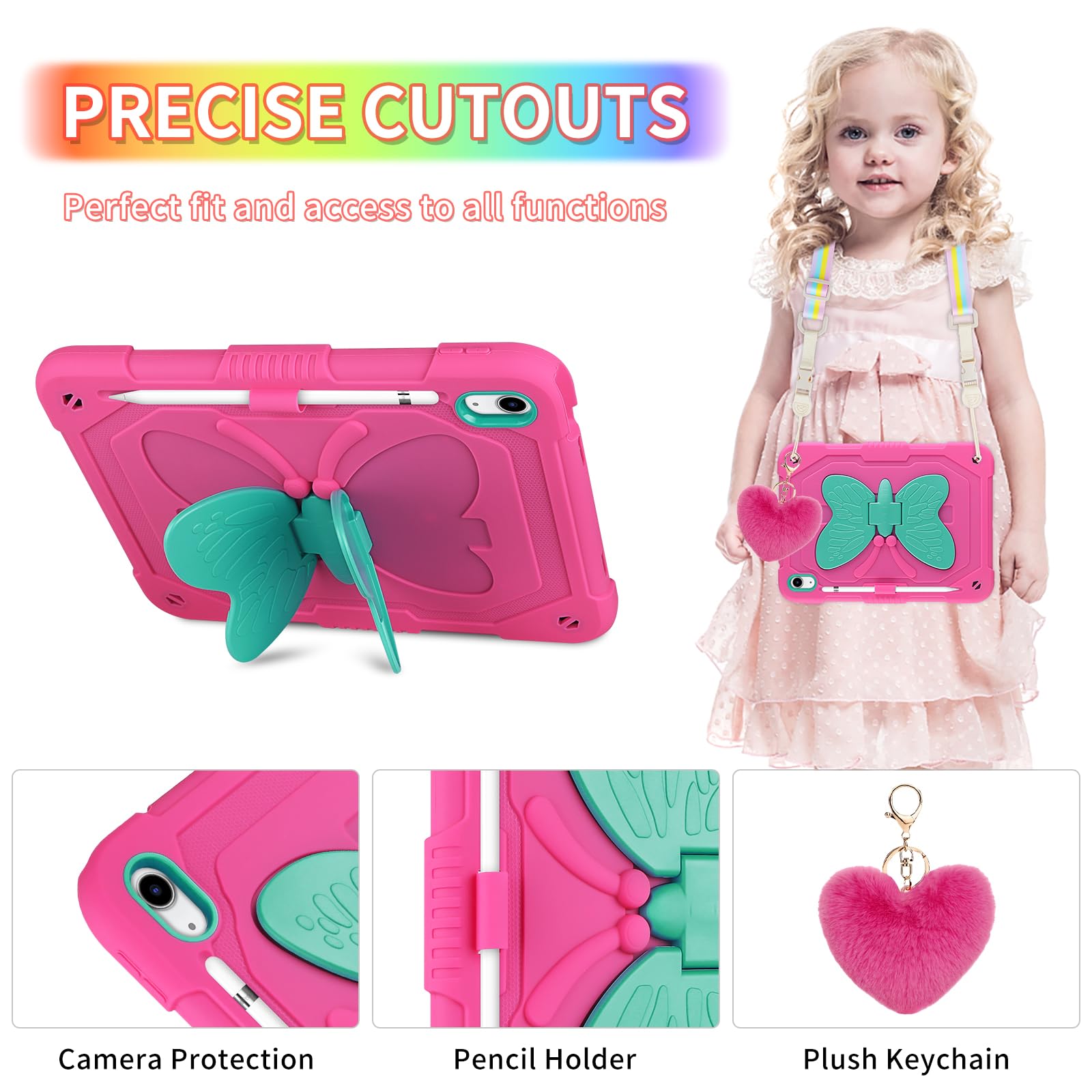 WESADN Étui robuste antichoc pour iPad 10e génération 2022 avec protecteur d'écran, béquille papillon, dragonne, porte-clés, porte-crayon, pour iPad 10e génération 10,9", rouge rose