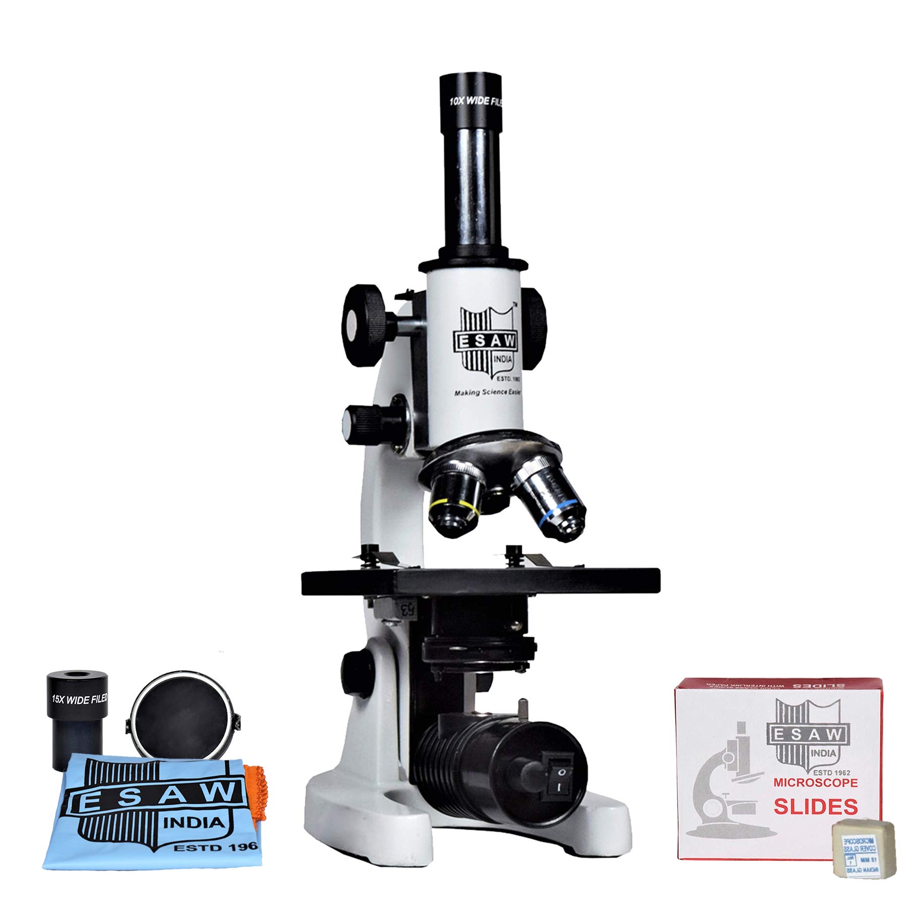 Esaw Student Microscope Kit Magnification 100X-675X(Contains 50 Blank Slides, Cover Slips,10X & 45X (White)