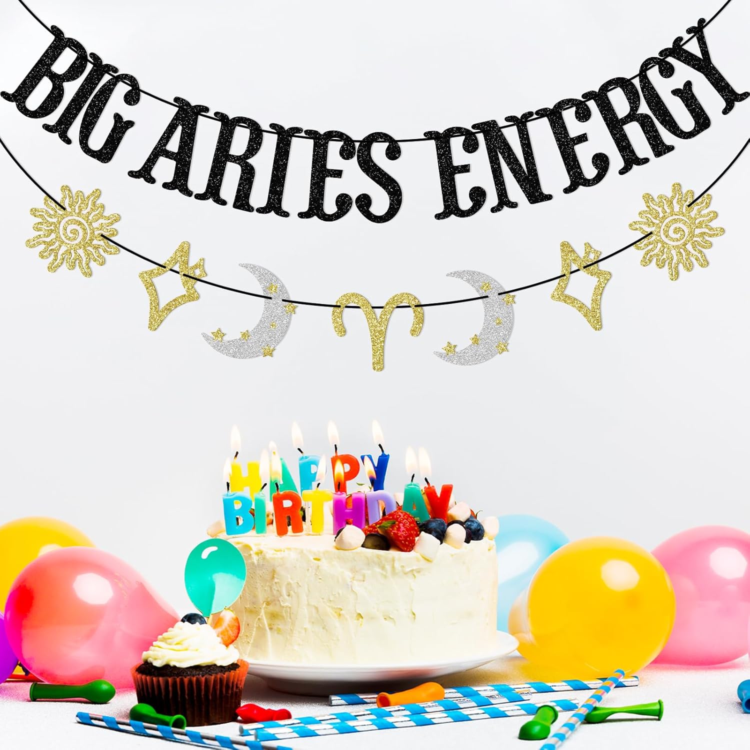 Big Aries Energy Banner, Aries Birthday Decorations, Aries Season Decor, Zodiac Sign March April Birthday Banner, Constellation Birthday Decor, Astrology Party Supplies, Black Glitter