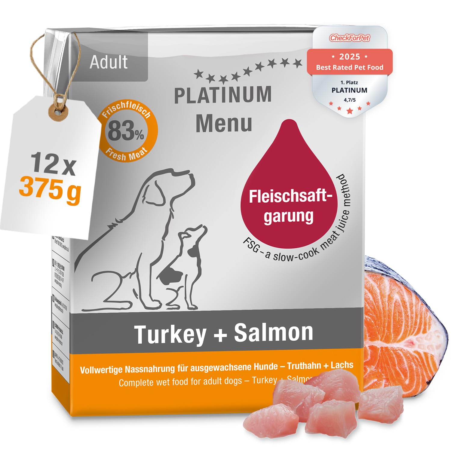 PLATINUM - Nassfutter für Hunde Menu Adult Turkey+Salmon aus FSG - 12x 375g