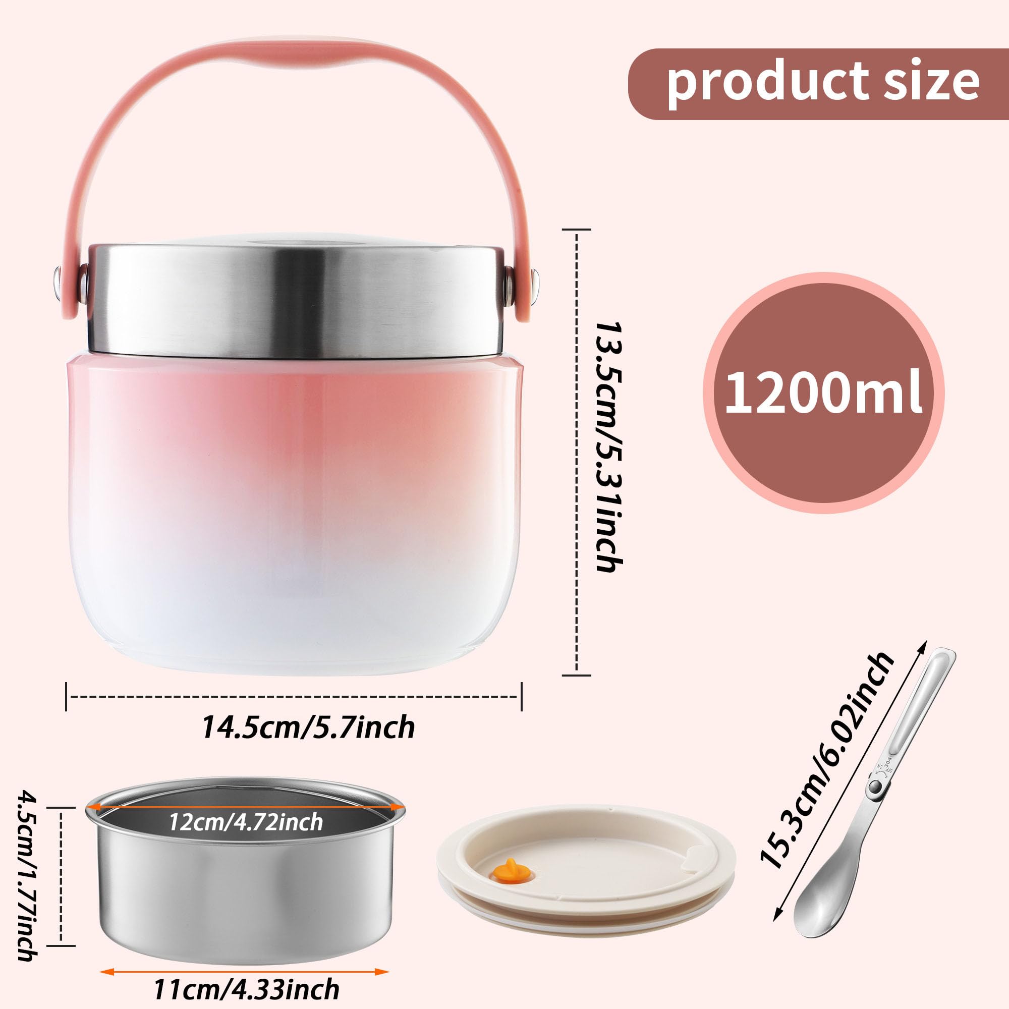 Thermos per Alimenti 1200 ml Contenitore Termico per Alimenti con Cucchiaio Pieghevole Porta Pappa Termico per conservare zuppe, porridge,Riso (Rosa)