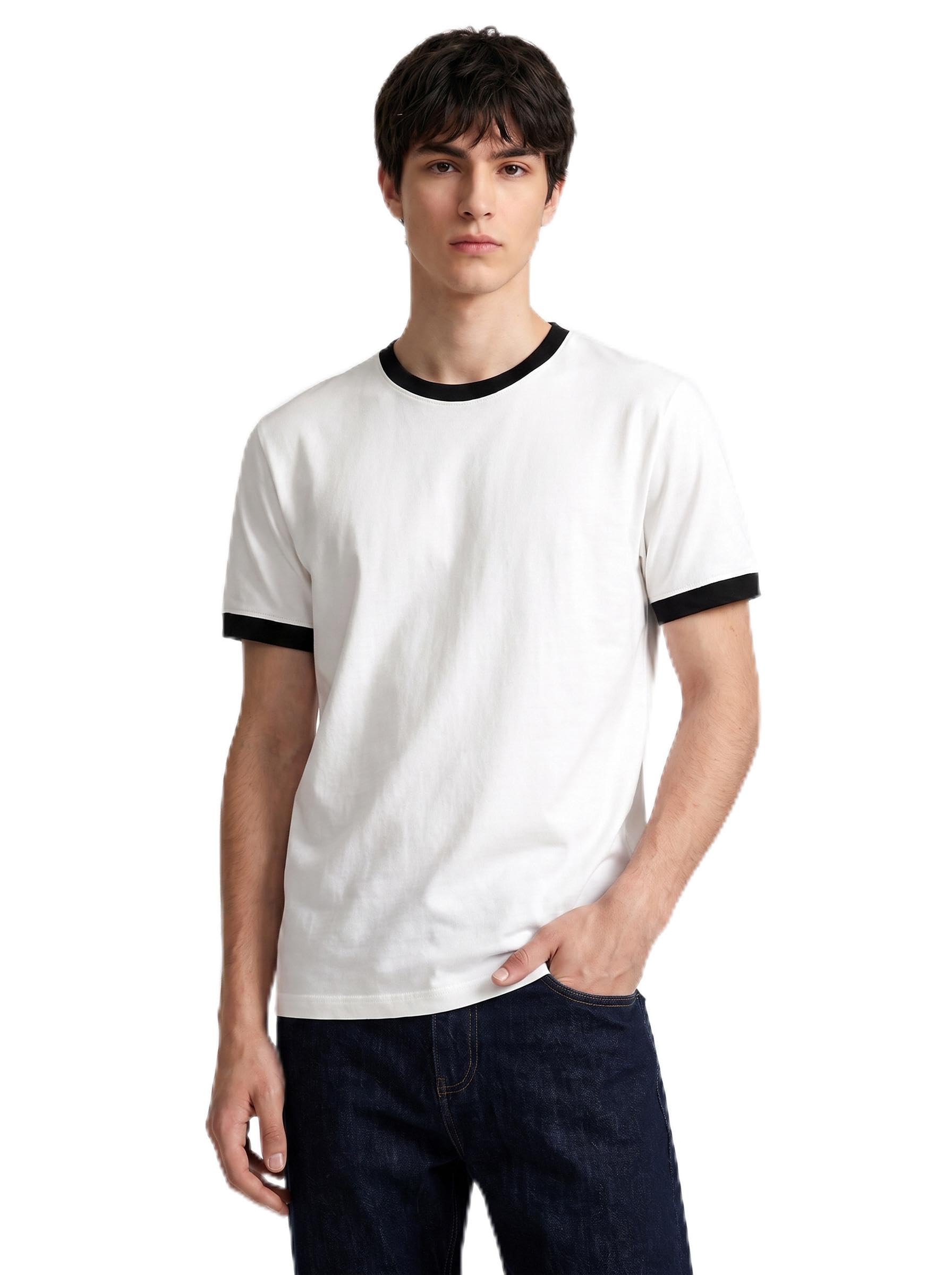 Men's White Ringer T-Shirt with Black Contrast Collar & Sleeve-image-48