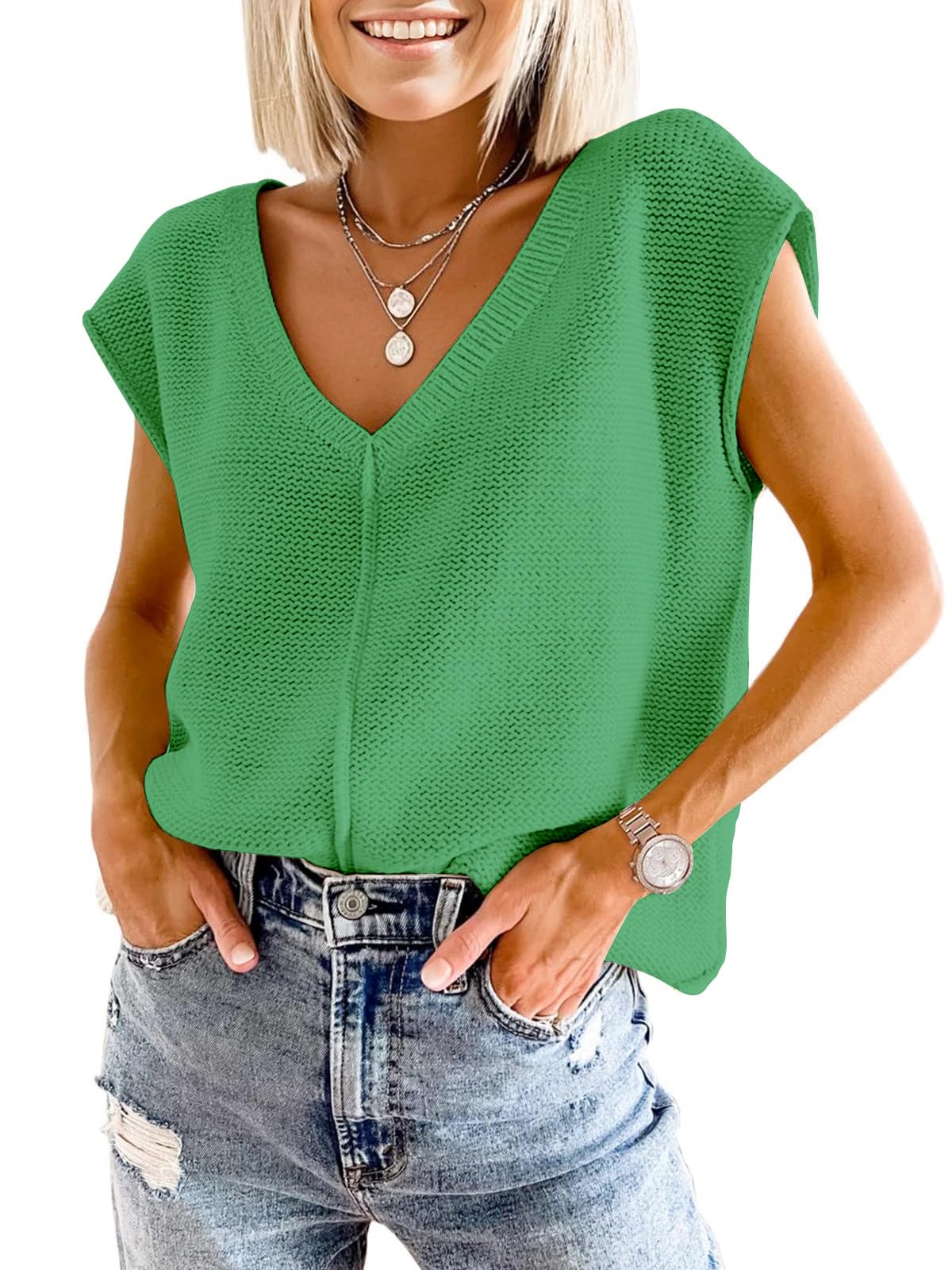 IDEALSANXUN Womens Cap Sleeve Sweater Vest Spring Summer Cute Sleeveless Knit Tops