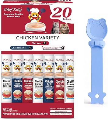 Puree Pops + Blue Feeding Spoon, Grain-Free, Lickable, Squeezable Creamy Cat Treat/Topper, 20 Tubes, Chicken Variety