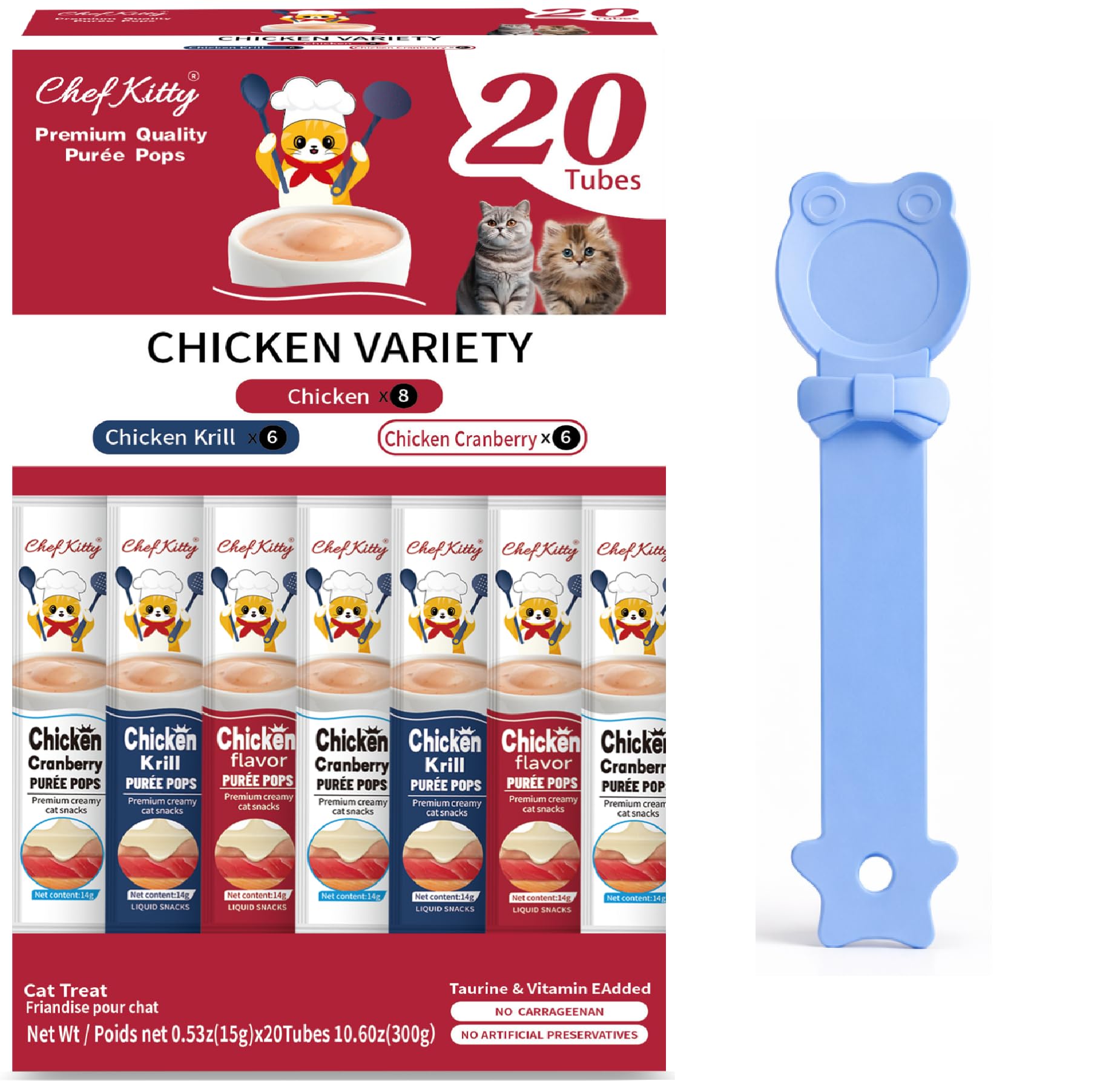 Purée Pops + Blue Feeding Spoon, Grain-Free, Lickable, Squeezable Creamy Cat Treat/Topper, 20 Tubes, Chicken Variety