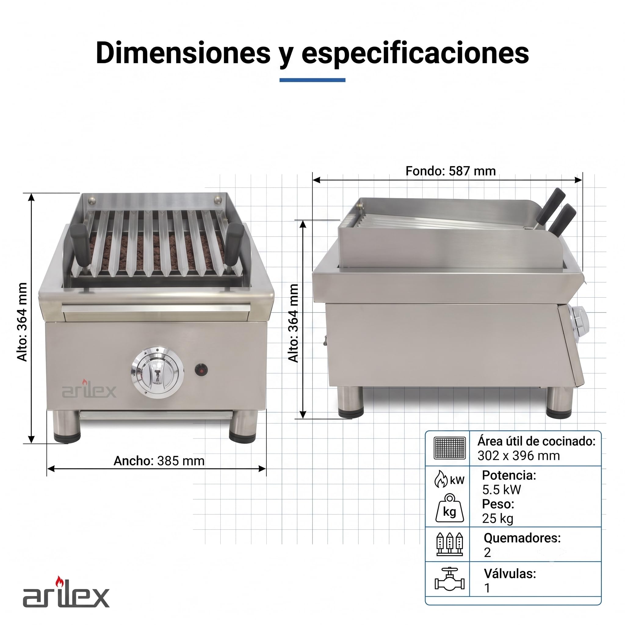Parrilla Vasca a Gas Profesional 40 cm con Piedra Volcánica, 2 Quemadores, Parrilla de Acero Inoxidable Regulable en 3 Alturas, 5,5 kW, 40VASN