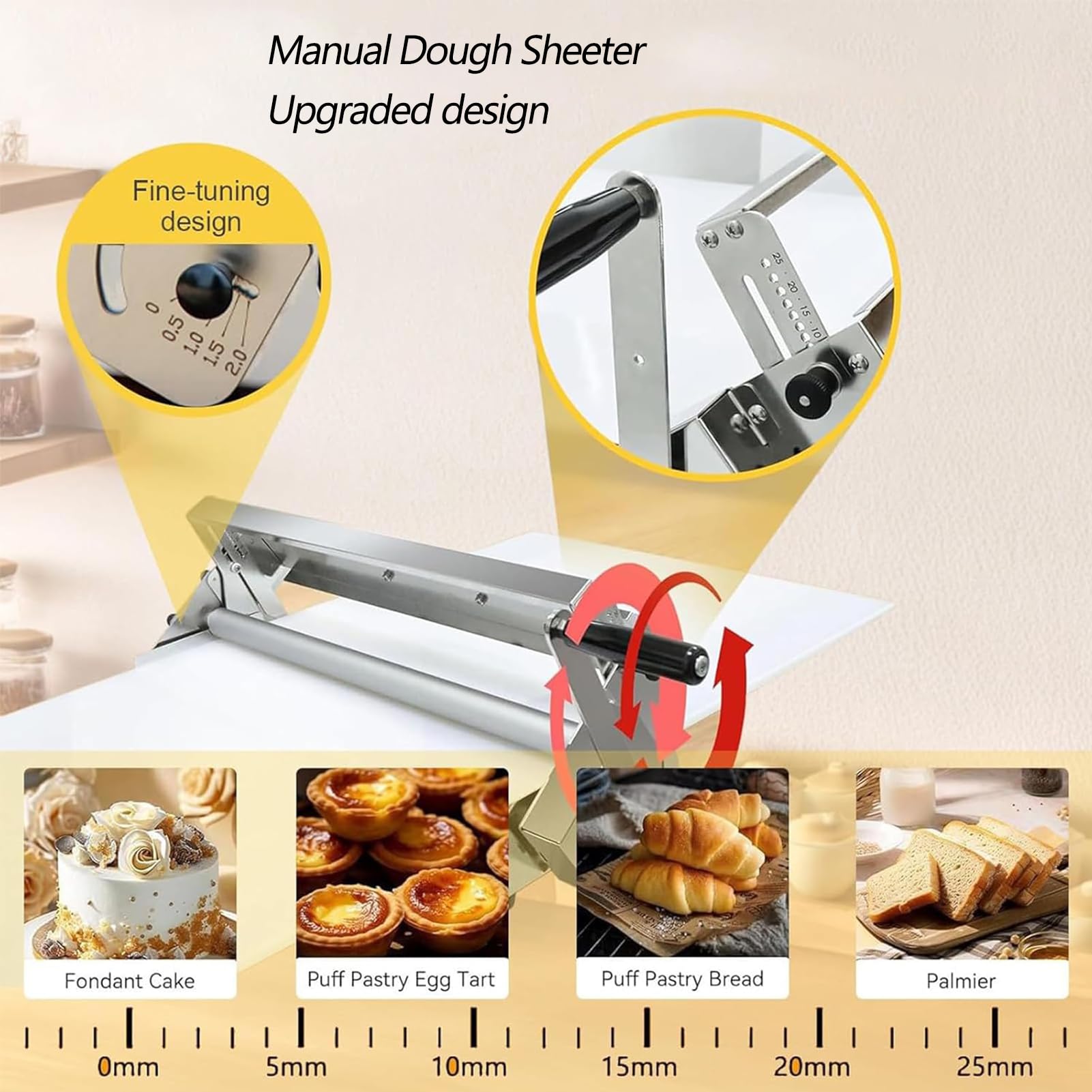 MáQuina de Laminado de Masa Manual, MáQuina de PasteleríA con Espesor Ajustable de 0-25 Mm, Para Croissants, Pizza y Pasta, PanaderíA Profesional y so DoméStico Para Pasta, Empanadas, pan y Pasteler