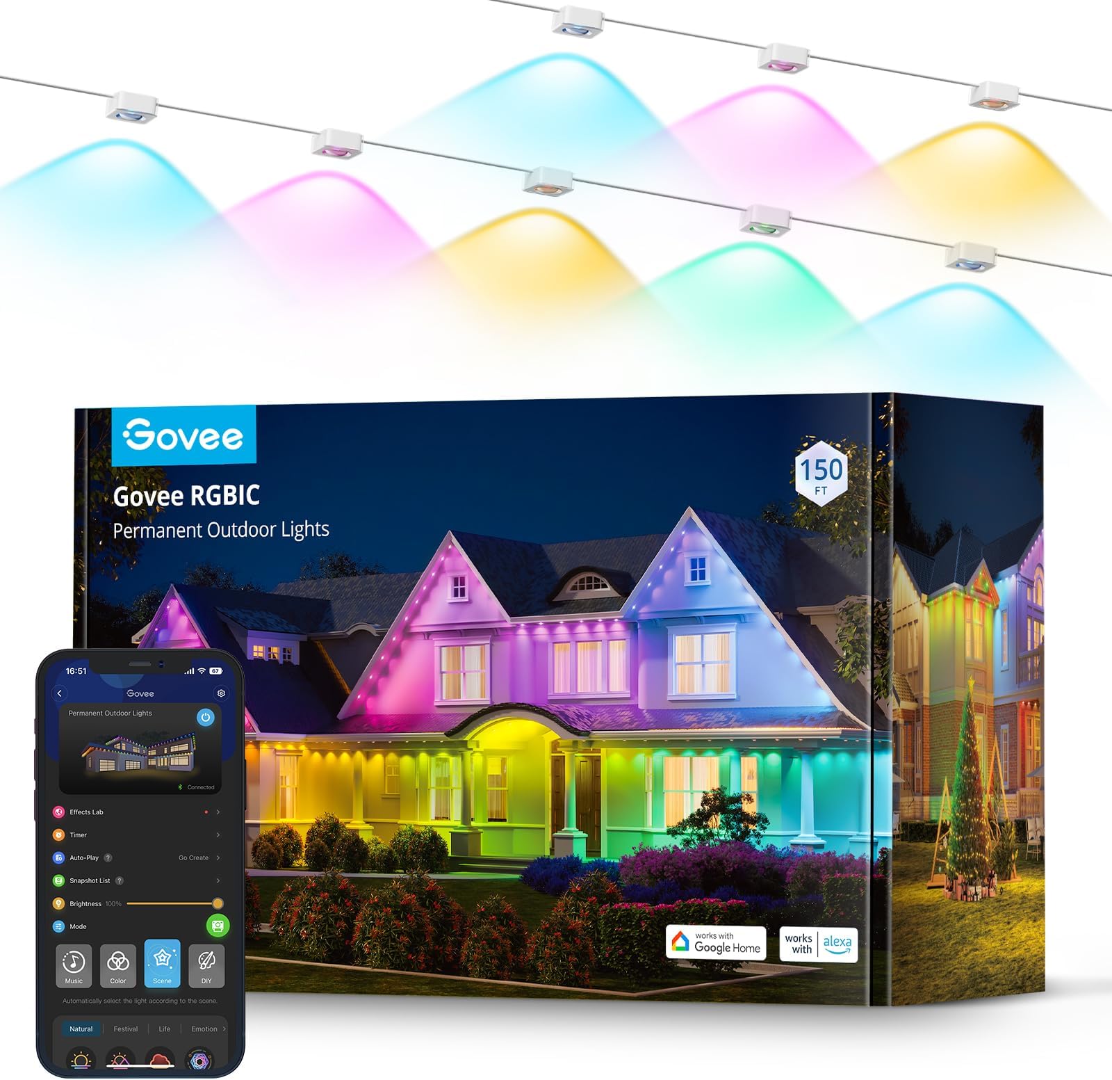 Govee Permanent Outdoor Lights, Smart RGBIC Outdoor Lights with 75 Scene Modes, 150ft with 108 LED Lights, IP67 Waterproof for Patio Decorations, Work with Alexa, Google Assistant, White