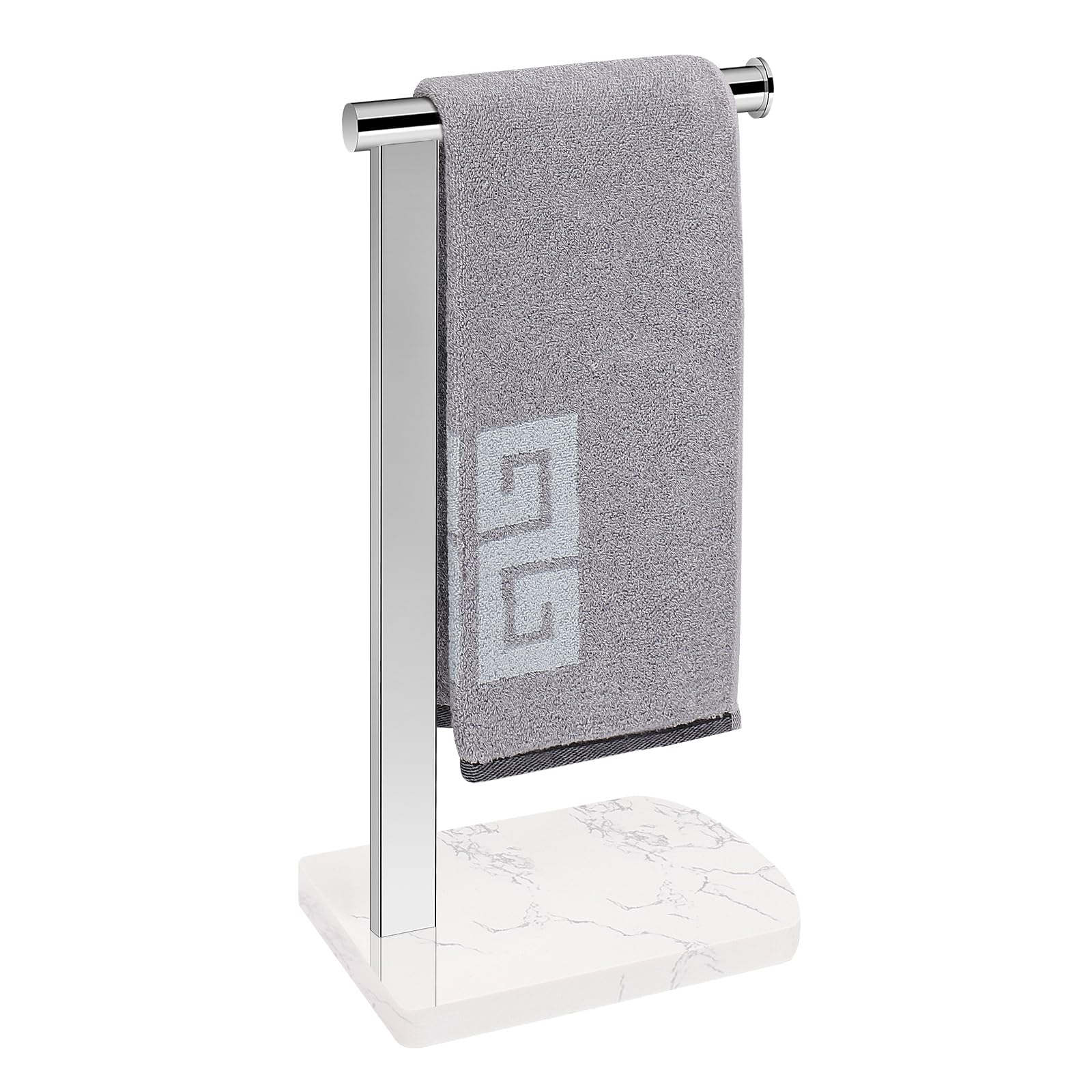 NearMoon Hand Towel Holder with Balanced Marble Base, 304 Stainless Steel Stand Towel Ring L Shape Hand Towel Rack Free-Standing Towel Bar for Bathroom Kitchen Countertop (Single Rod, Chrome)