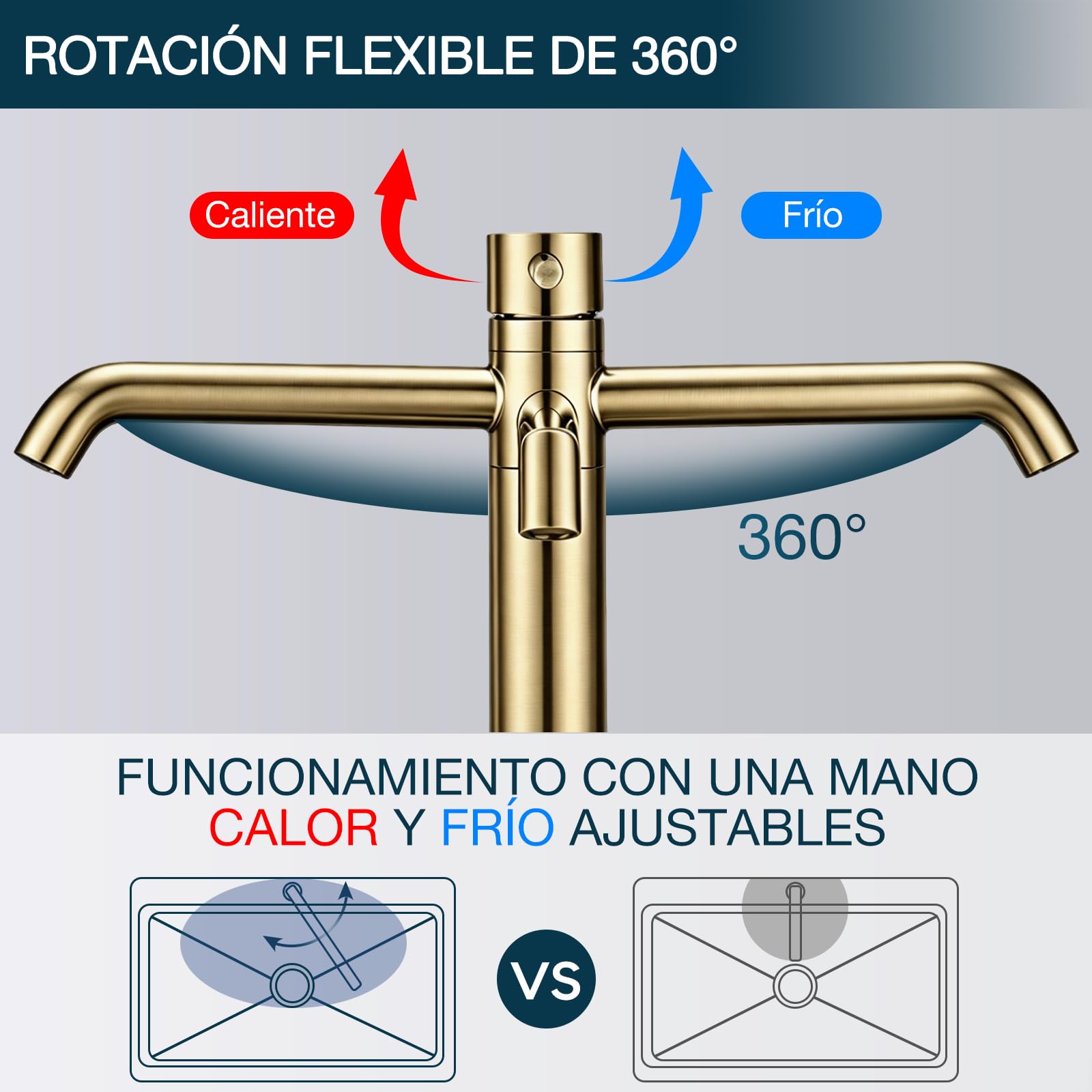 Grifo Lavabo Alto Giratorio 360°, DETBOM Grifo Monomando Agua Fría y Caliente, Grifos Dorado para Lavabo de Encimera, Mezclador de Baño, Acero Inoxidable 304, Aireador Extraíble, Oro Cepillado