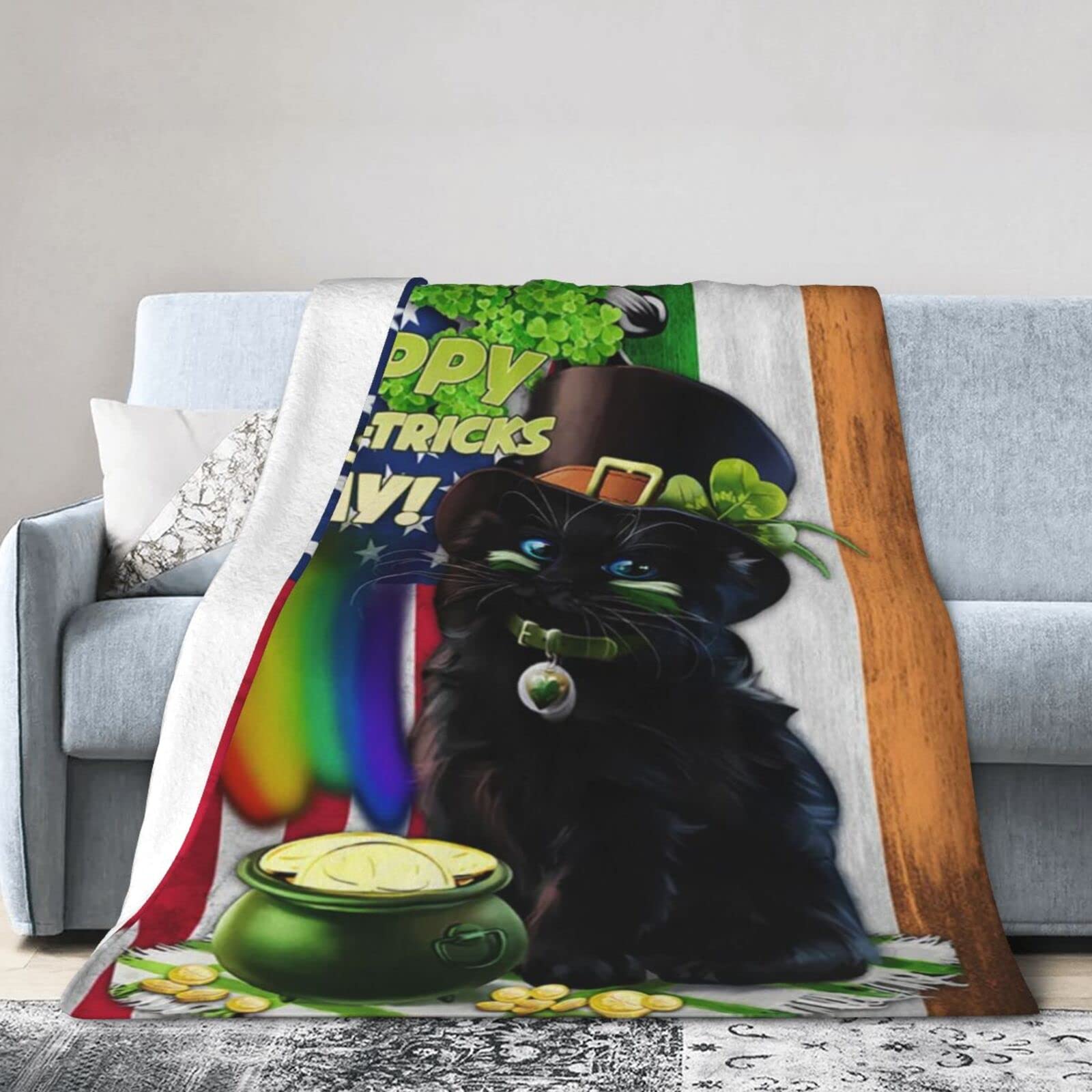 Lsjuee Flannel Fleece Blanket 60"X50" Happy St Cat-Tricks Day. Black Cat St Patrick‘s Day Bed Throw Blanket Weighted Ultra-Soft Travel Spring Blankets for Mens Keep Warm