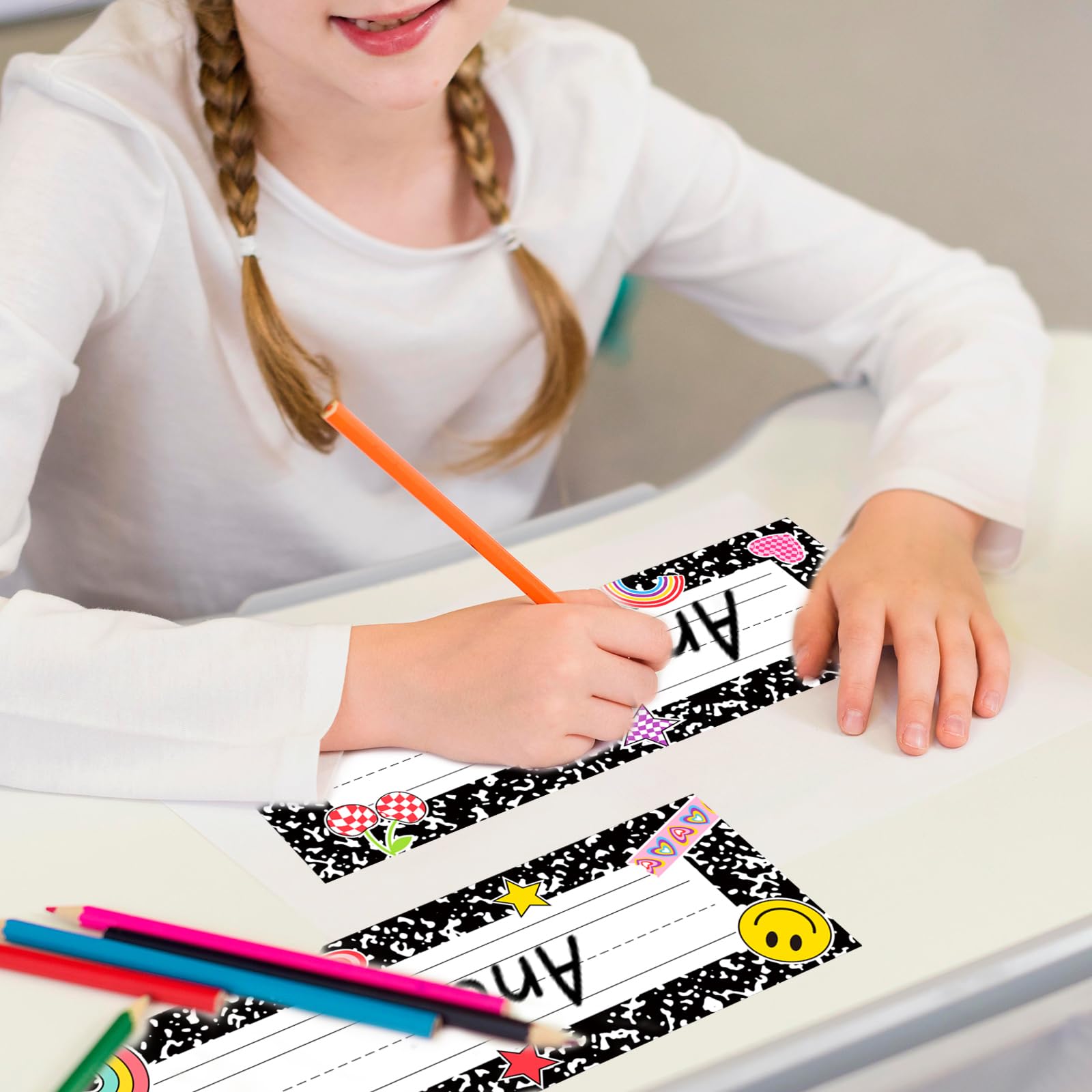 JarThenaAMCS Groovy Namensschilder, Boho, Hippie, Namensschild, Aufkleber für Schreibtisch, Klassenzimmer, Grundschule, Kindergarten, Vorschule, Lehrbedarf, 48 Stück