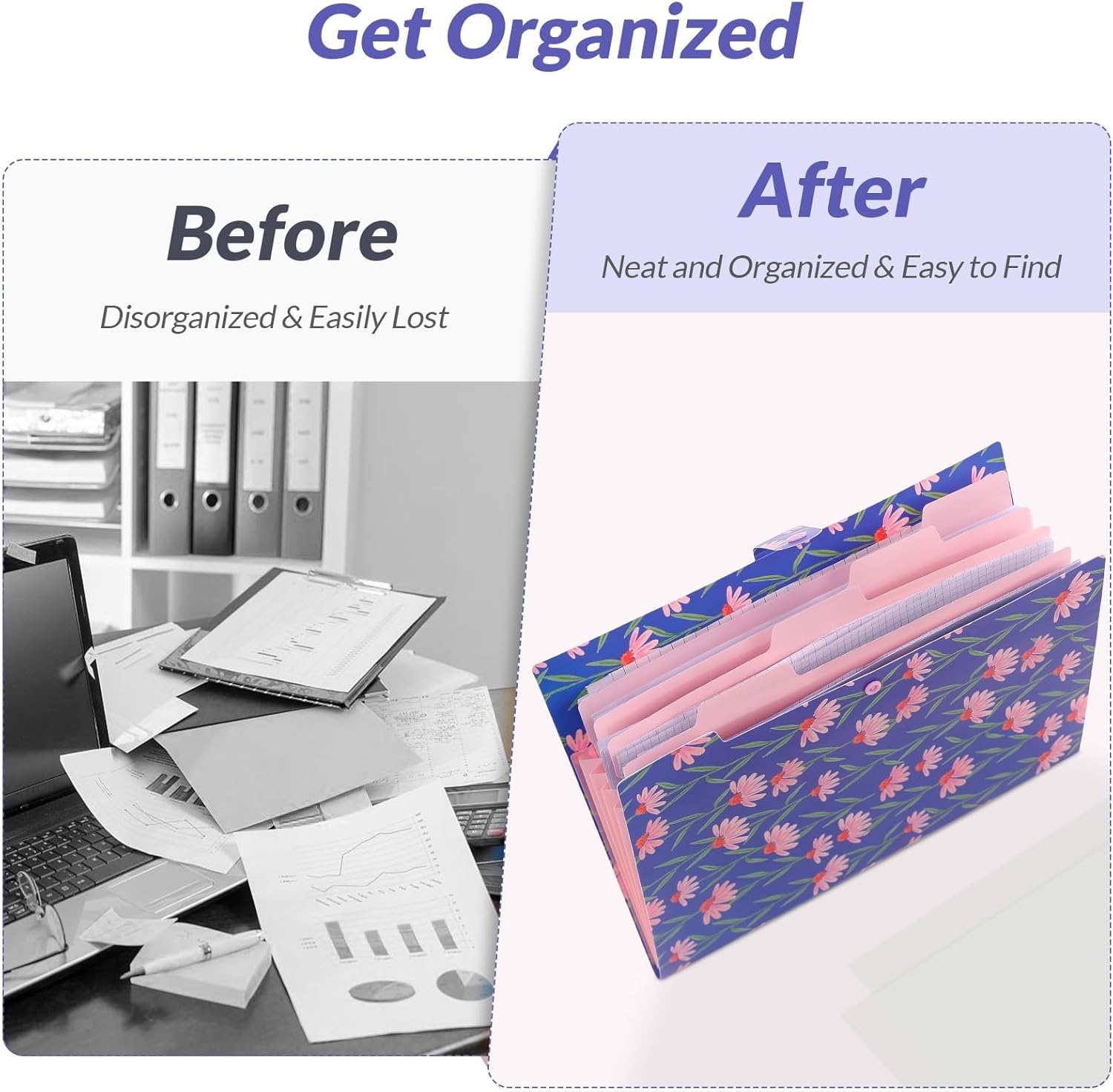 SKYDUE Accordion File Organizer, Floral Expanding File Folders with 5 Pockets, Cute Document Organizer for Paper Storage, School Office & Hospital Supplies Letter/A4 Size Periwinkle Blue - Image 7