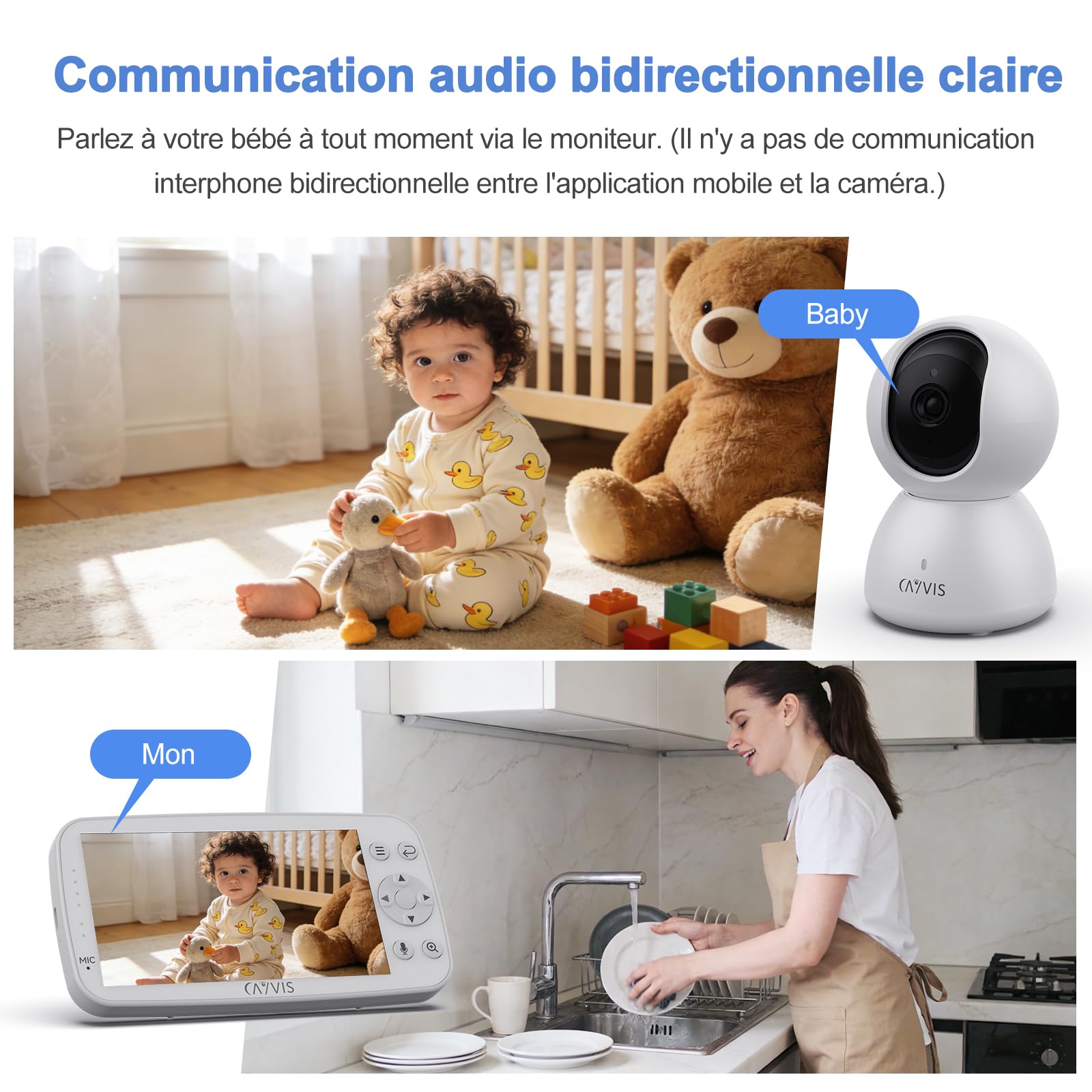 Babyphone Camera 1080P+ Moniteur vidéo 5" LCD-IPS, Baby Caméra Vidéo et Audio APP,PTZ 355°, Enregistrement, Surveillance Mouvements, Berceuses,Baby Phone Monitor, Caméra Bebe