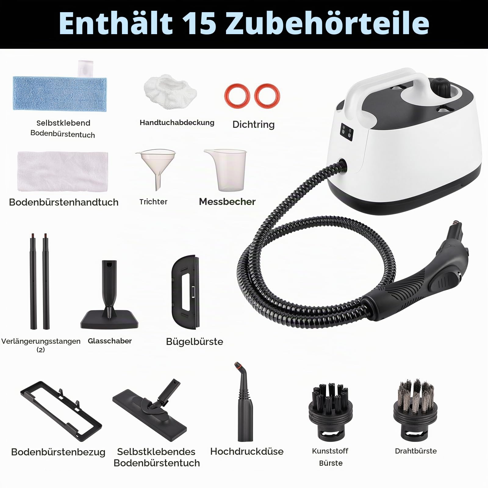 Dampfreiniger 2000W Nexalite, 4 bar Hochdruck, 1600 ml Tank, 15-tlg Zubehör | 4 bar Tiefendampf, 3–7 Min Aufheizen; 1600 ml Langlauf; 15 Teile Set; für Fliesen, Fenster, Bad, Auto-Innenraum
