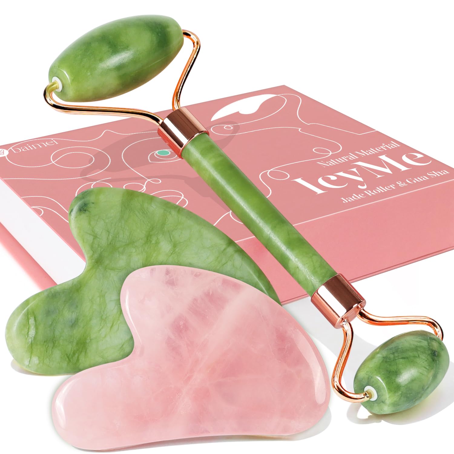 BAIMEI 2 Gua Sha Stones & 1 Jade Facial Roller Massage Set