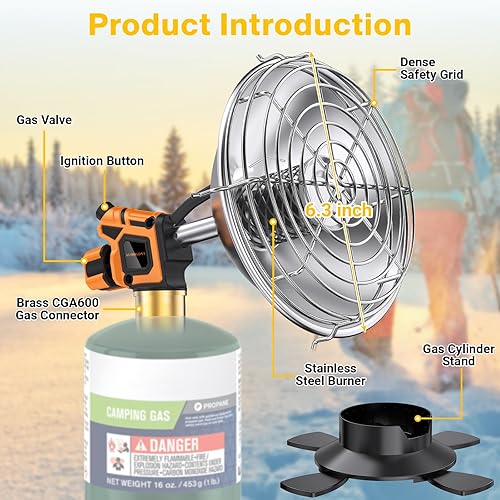 Miniatura 4 de Calentador de propano portátil para campamento, 9,200 BTU pequeño calentador de garaje para patio al aire libre, autoencendido, con soporte de