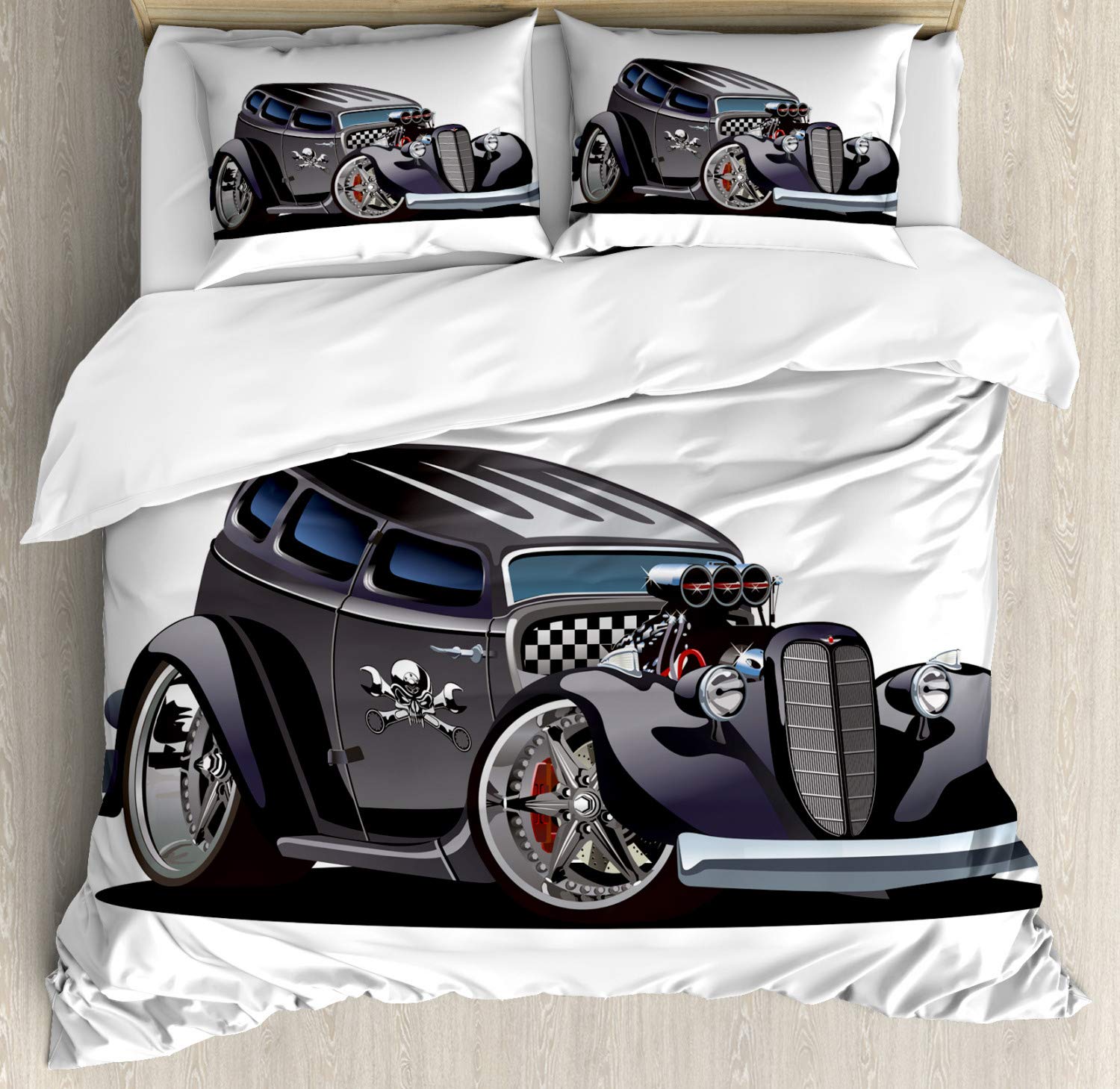 Lunarable Nursery Duvet Cover Set, Classic Hot Rod Car Fashion with Skull Pattern Angry Furious Gesture Graphic, Decorative 3 Piece Bedding Set with 2 Pillow Shams, King Size, Charcoal Grey