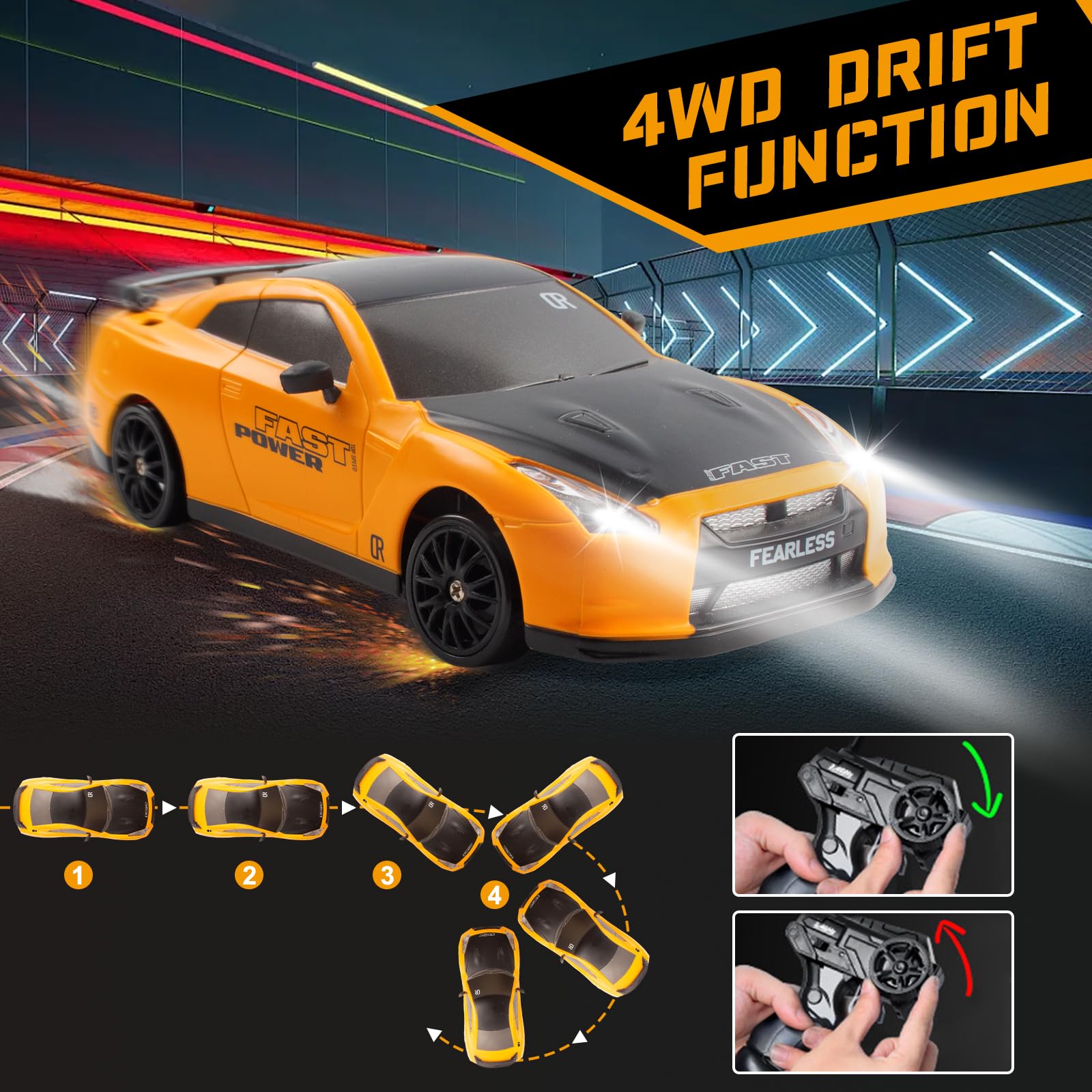 Coche RC Drift KBIBCK 1:24 4WD A 30 Km/h | Control 2.4GHz, Luces LED Y Batería 500mAh – Mini Drift Car Para Adultos Y Niños +8 Años (Oro)