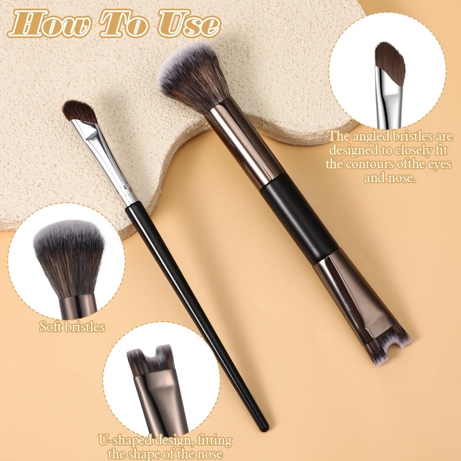 Lot de 2 pinceaux de contour de nez, pinceau 2 en 1 en forme de U et pinceaux moelleux, petit pinceau biseauté pour fard à paupières, double tête, outils de maquillage pratiques pour surligner, blush