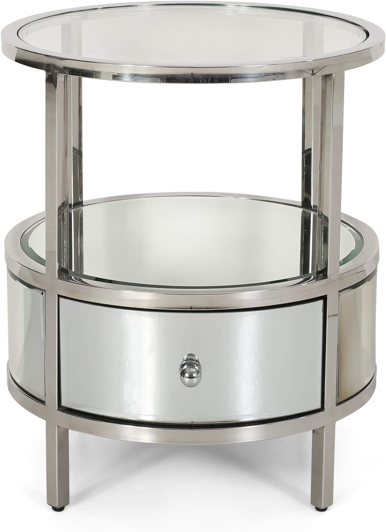 Christopher Knight Home Cytheria Modern Round End Table with Tempered Glass Drawers and Stainless Steel Frame, Mirror, Silver
