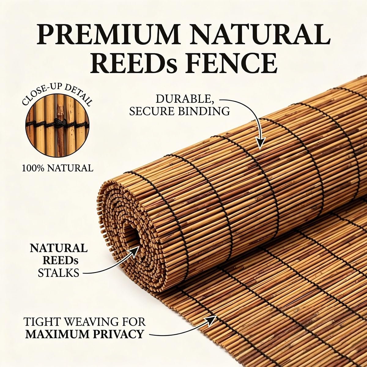 Brise Vue Jardin 1.2x5.0m Canisse en Roseau Naturel Protection Contre Le Vent et Le Soleil Clôture Extérieure Décorative avec Attaches pour Balcon et Terrasse(Natural,1.8mx5.0m)